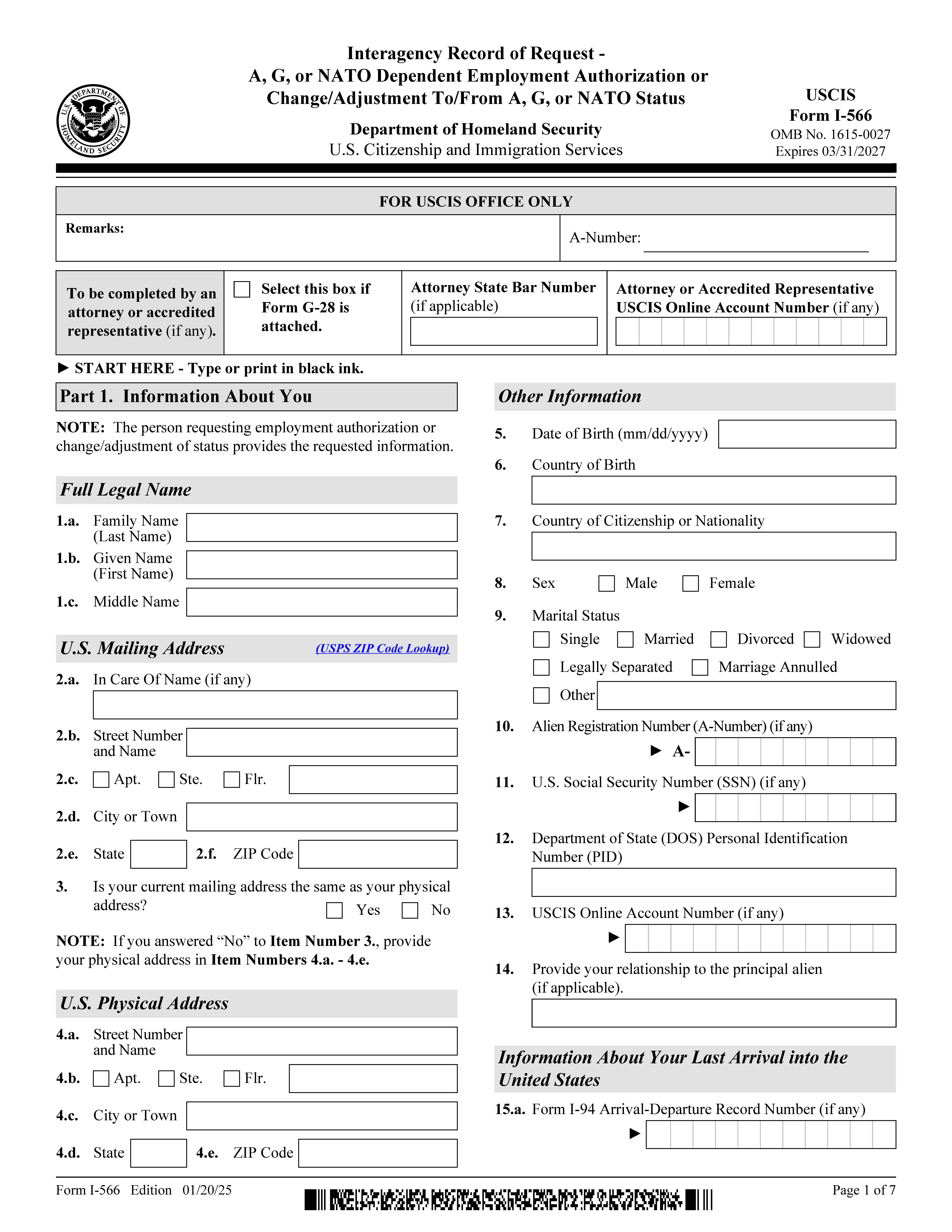 Interagency Record Of Request-A G Or NATO Dependent Employment Authorization Or Change {I-566} | Pdf Fpdf Docx | Official Federal Forms