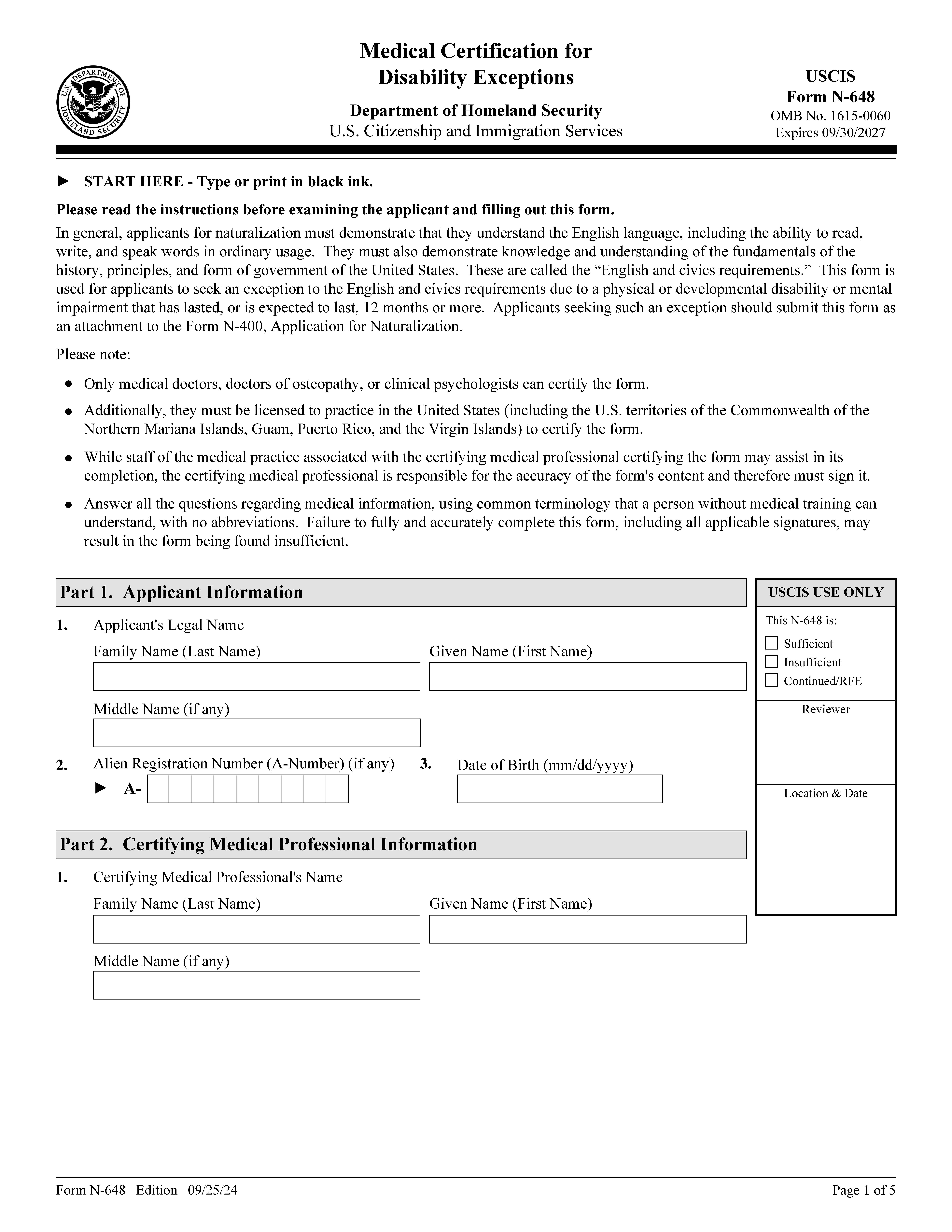 Medical Certification For Disability Exceptions {N-648} | Pdf Fpdf Doc Docx | Official Federal Forms