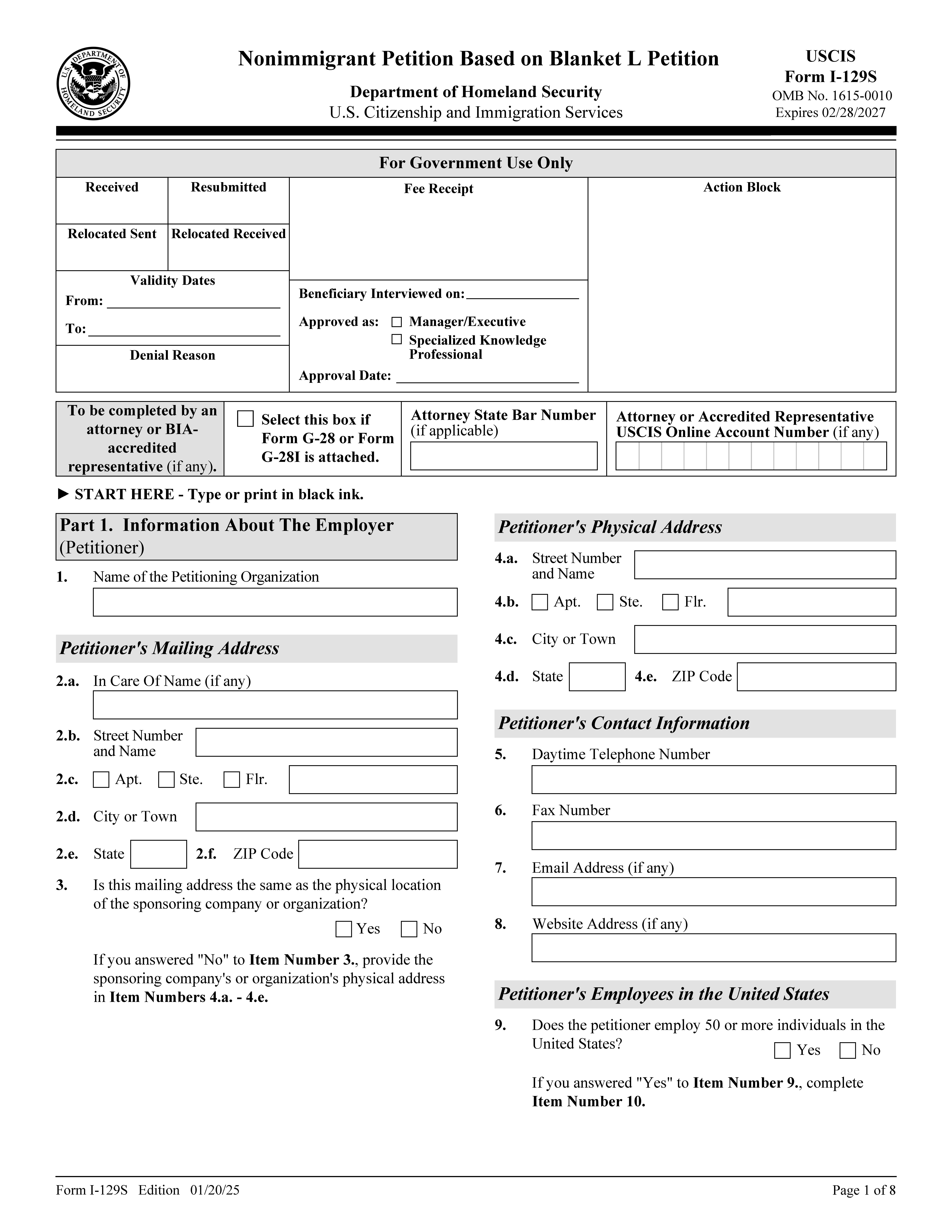 Nonimmigrant Petition Based On Blanket L Petition {I-129S} | Pdf Fpdf Doc Docx | Official Federal Forms