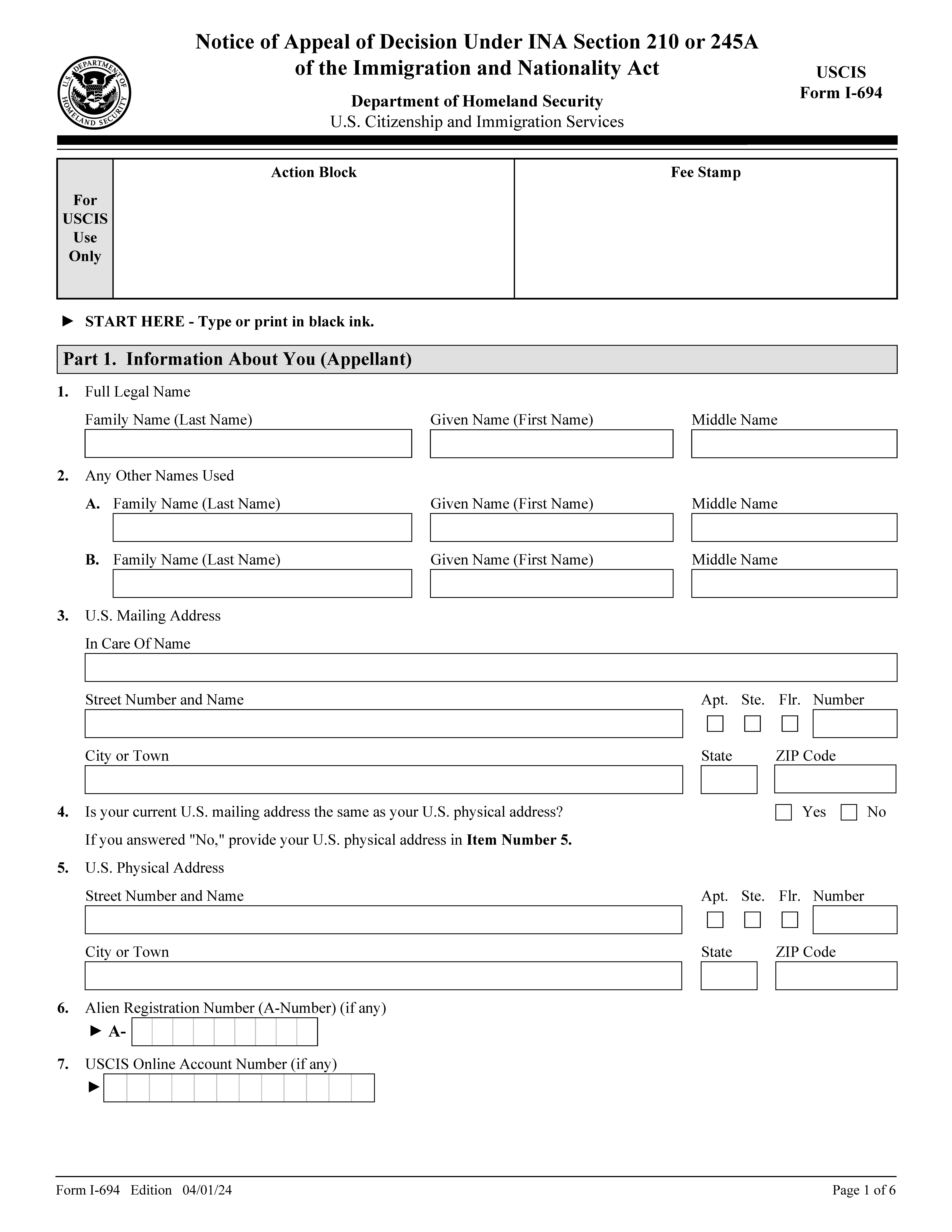 Notice Of Appeal Of Decision Under Section 210 Or 245A {I-694} | Pdf Fpdf Docx | Official Federal Forms