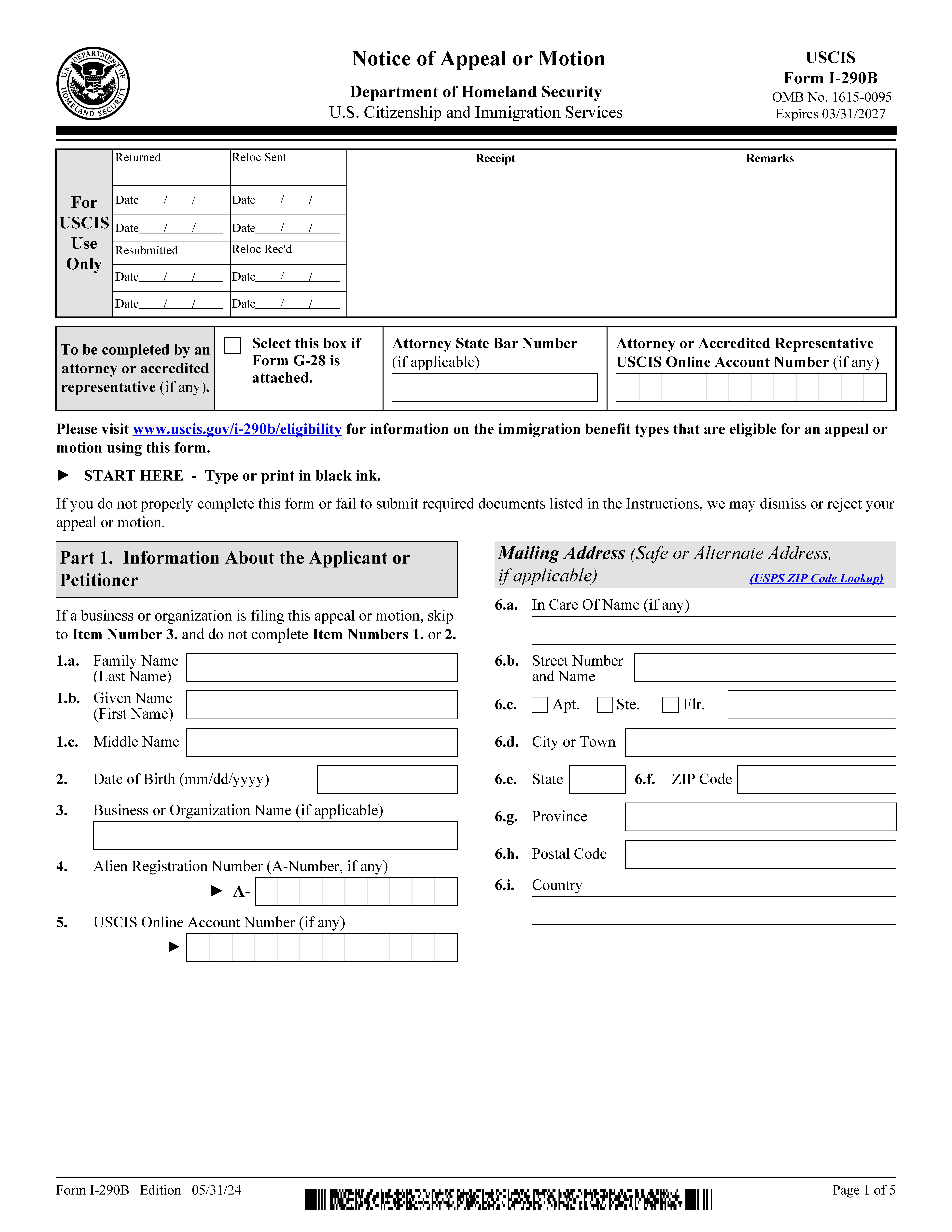Notice Of Appeal Or Motion {I-290B} | Pdf Fpdf Docx | Official Federal Forms