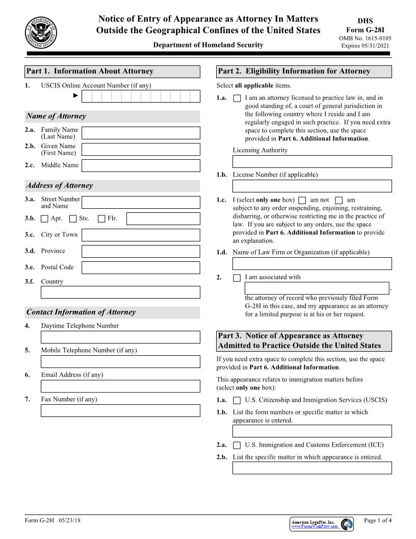 Notice Of Entry Of Appearance As Attorney In Matters Outside {G-28I} | Pdf Fpdf Docx | Official Federal Forms