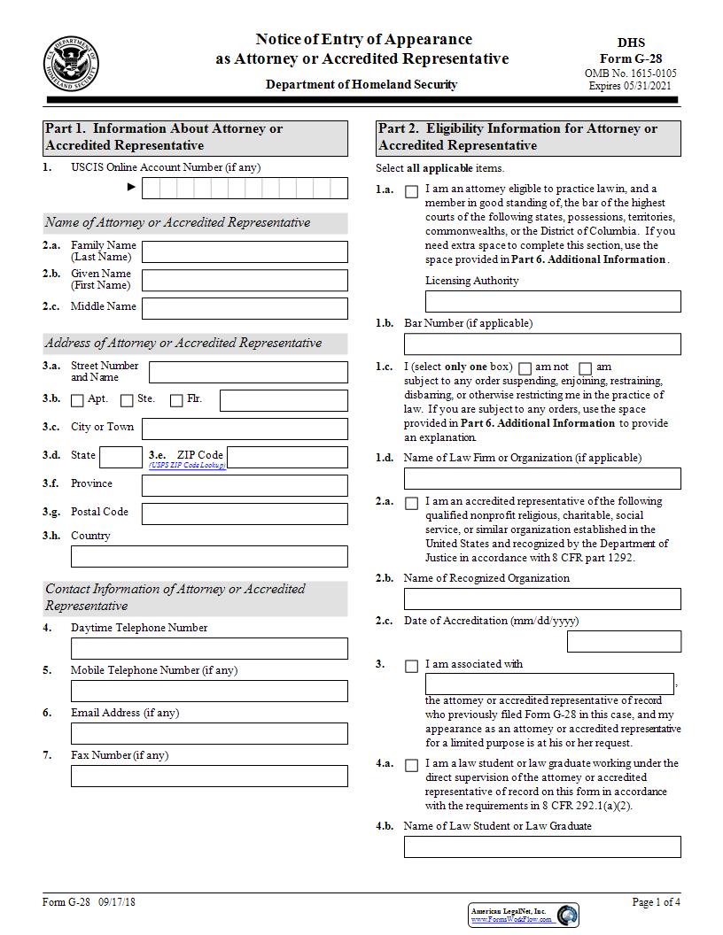 Notice Of Entry Of Appearance As Attorney Or Representative {G-28} | Pdf Fpdf Docx | Official Federal Forms