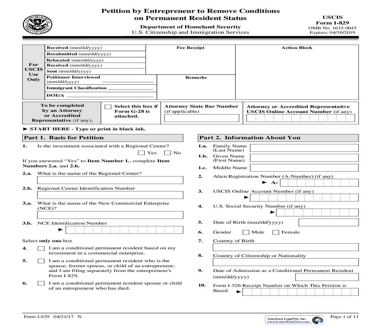 Petition By Entrepreneur To Remove Conditions {I-829} | Pdf Fpdf Doc Docx | Official Federal Forms