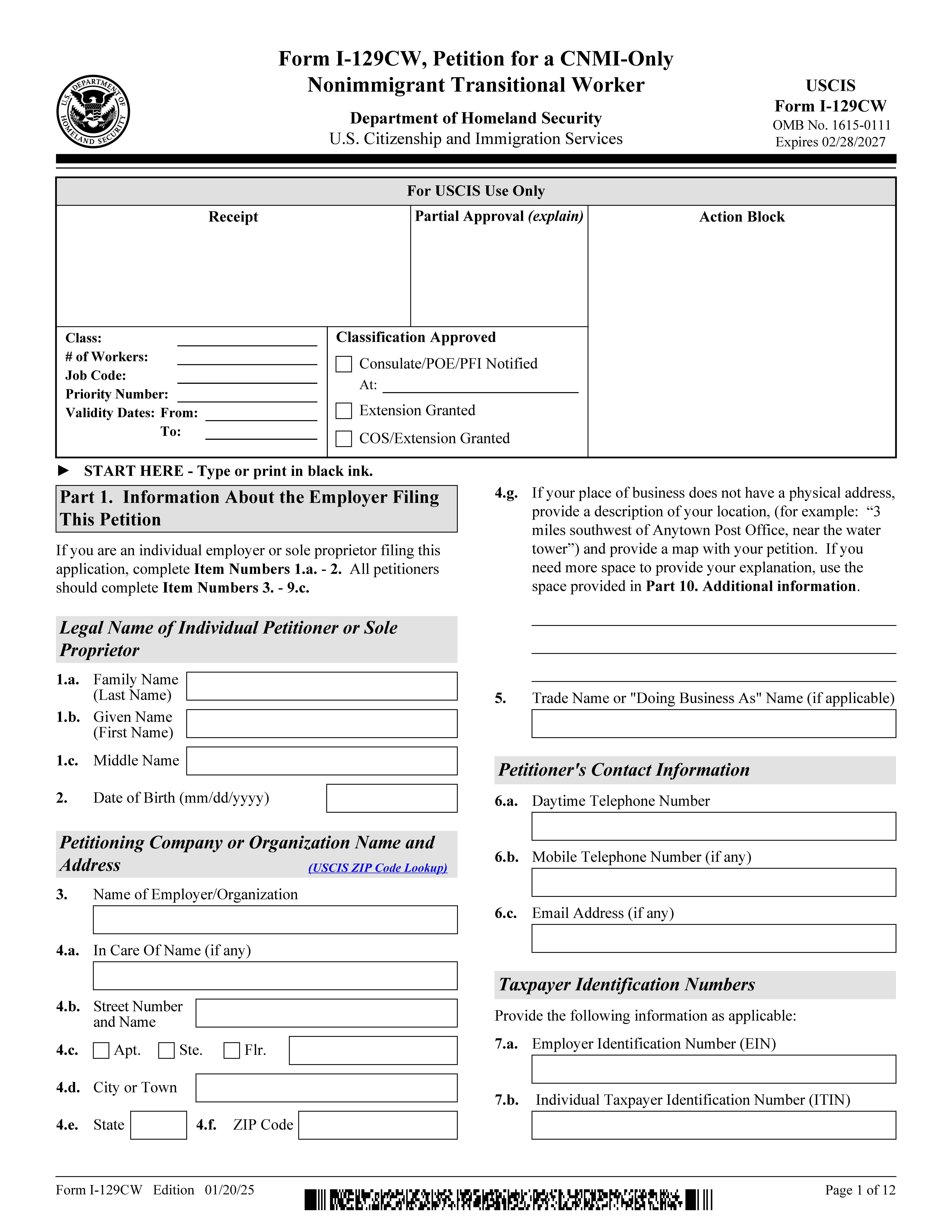 Petition For A CNMI Only Nonimmigrant Transitional Worker {I-129CW} | Pdf Fpdf Docx | Official Federal Forms