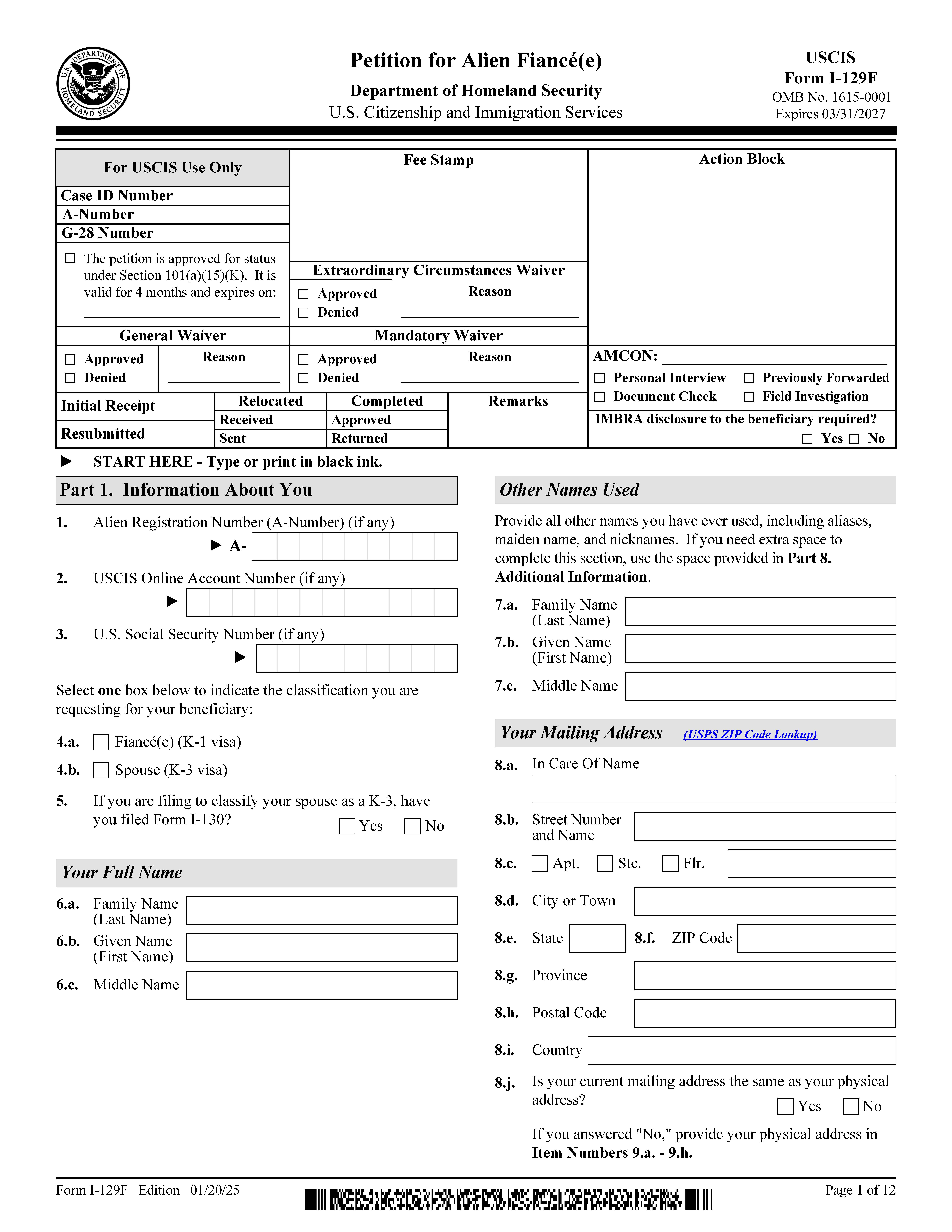 Petition For Alien Fiance(e) {I-129F} | Pdf Fpdf Docx | Official Federal Forms