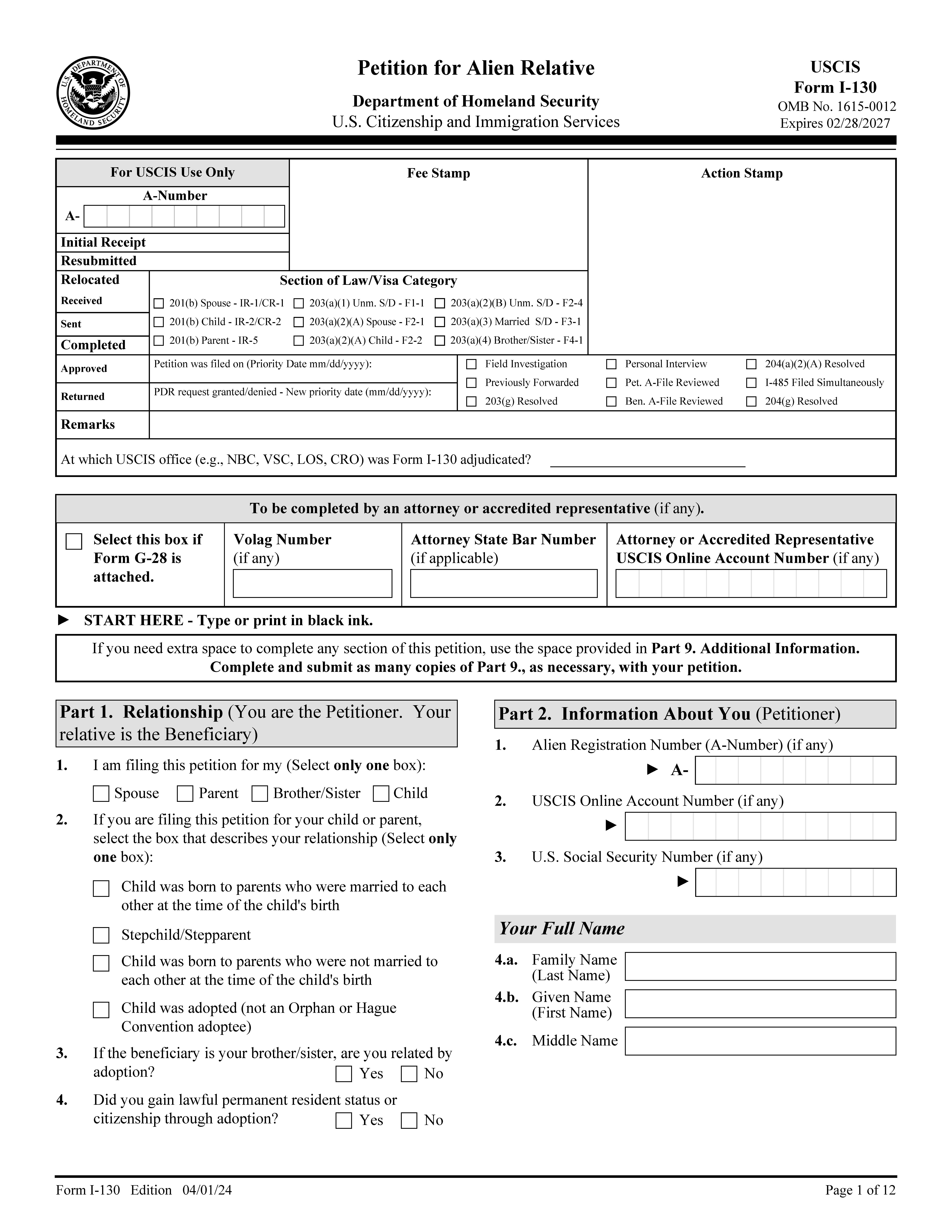 Petition For Alien Relative {I-130} | Pdf Fpdf Docx | Official Federal Forms