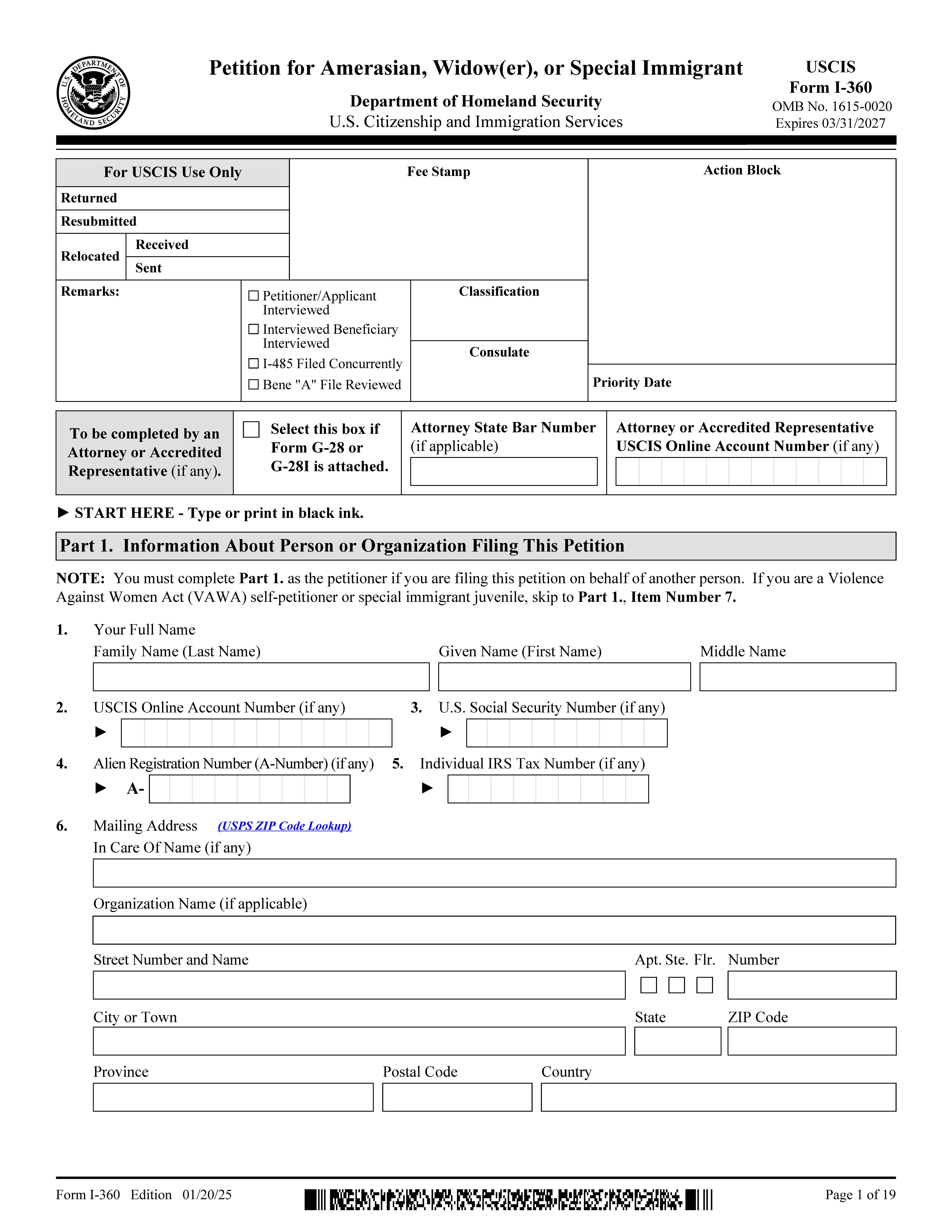 Petition For Amerasian Widow(er) Or Special Immigrant {I-360} | Pdf Fpdf Docx | Official Federal Forms