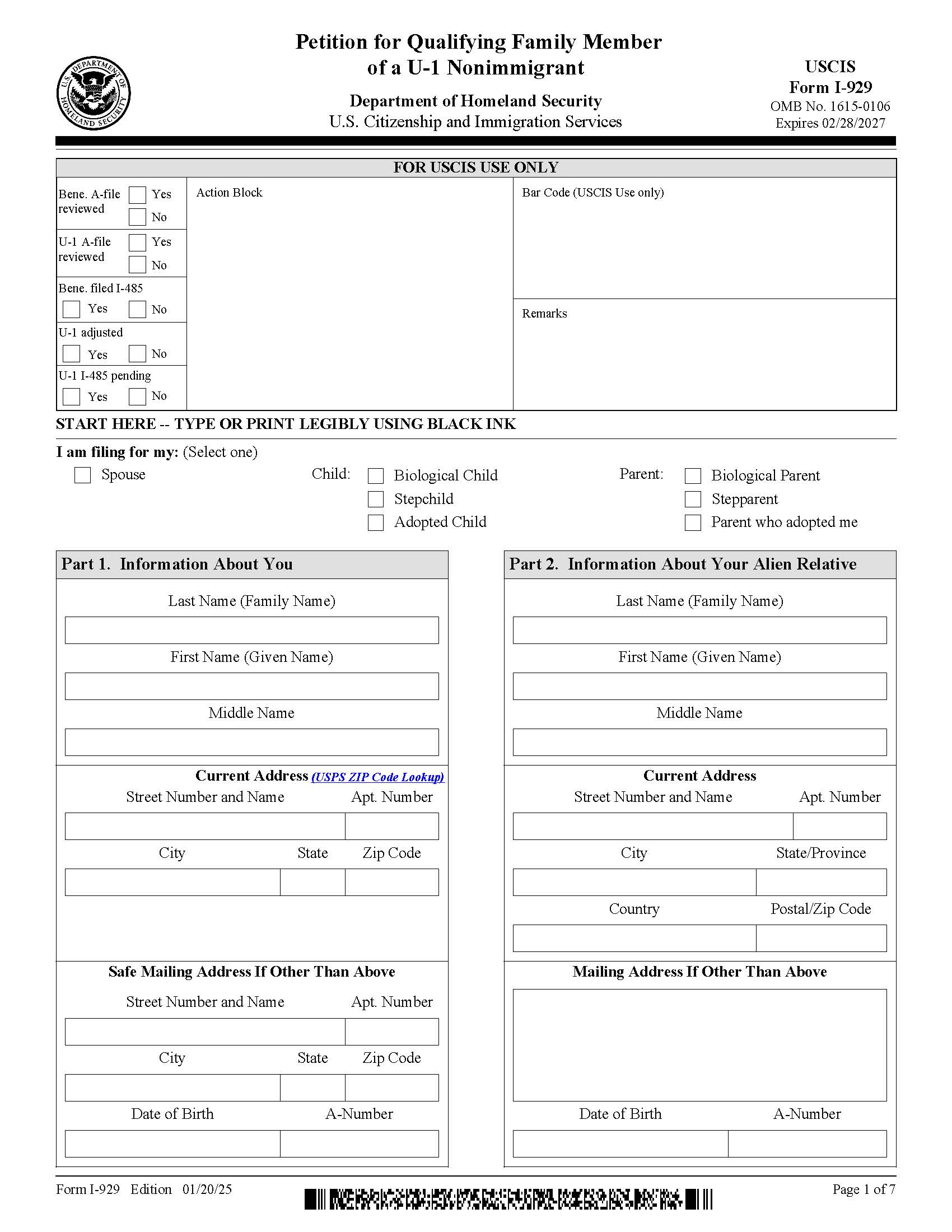 Petition For Qualifying Family Member Of A U-1 Nonimmigrant {I-929} | Pdf Fpdf Doc Docx | Official Federal Forms
