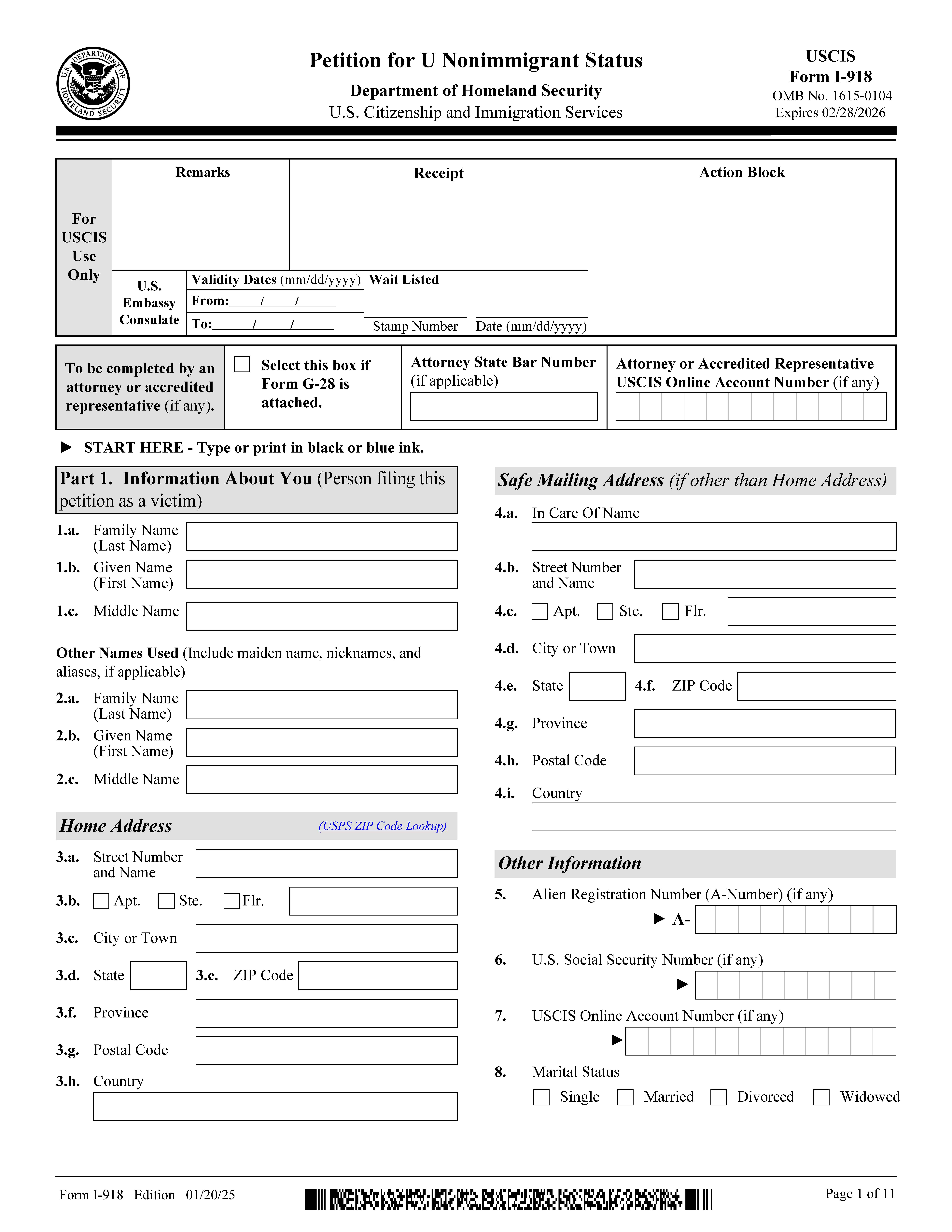Petition For U Nonimigrant Status {I-918} | Pdf Fpdf Docx | Official Federal Forms