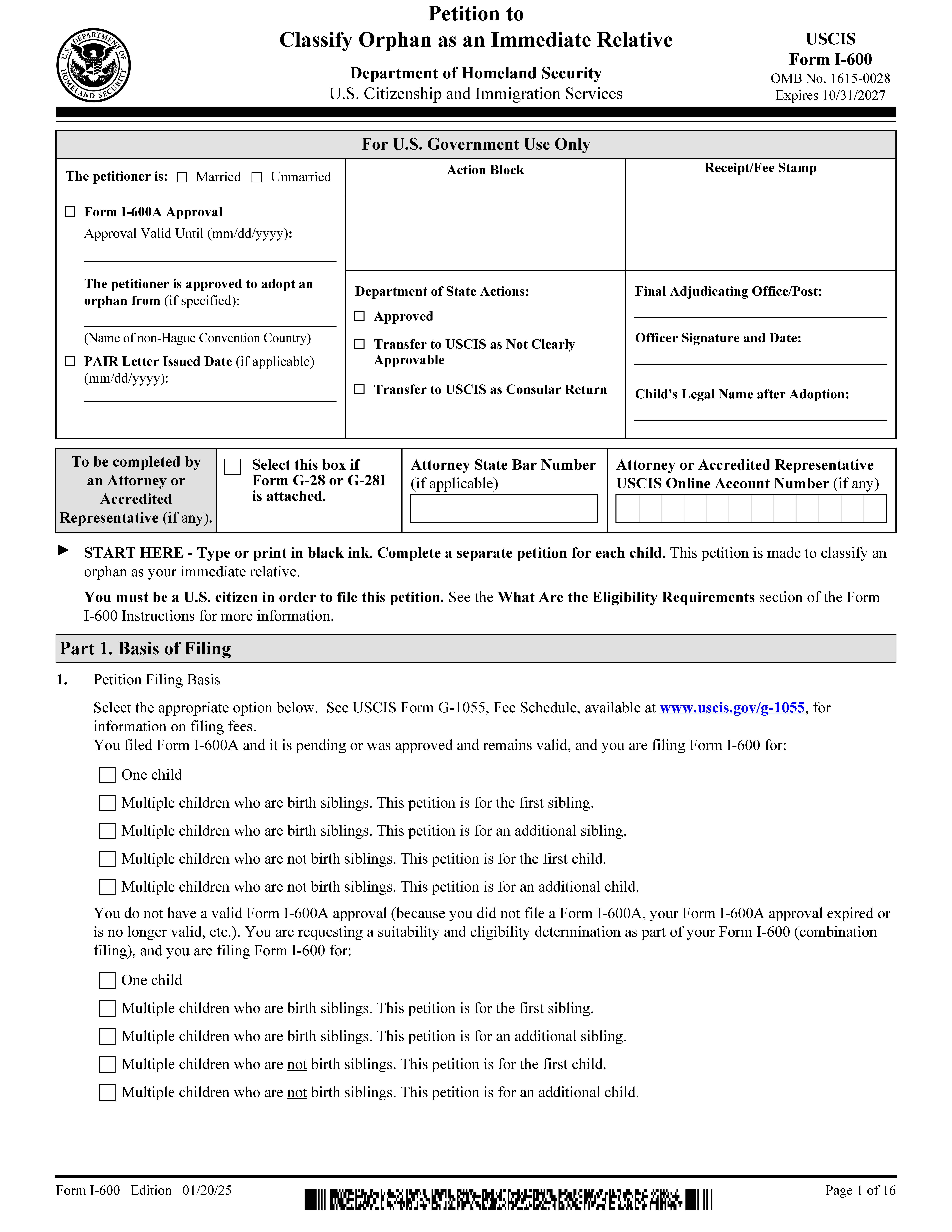 Petition To Classify Orphan As An Immediate Relative {I-600} | Pdf Fpdf Doc Docx | Official Federal Forms