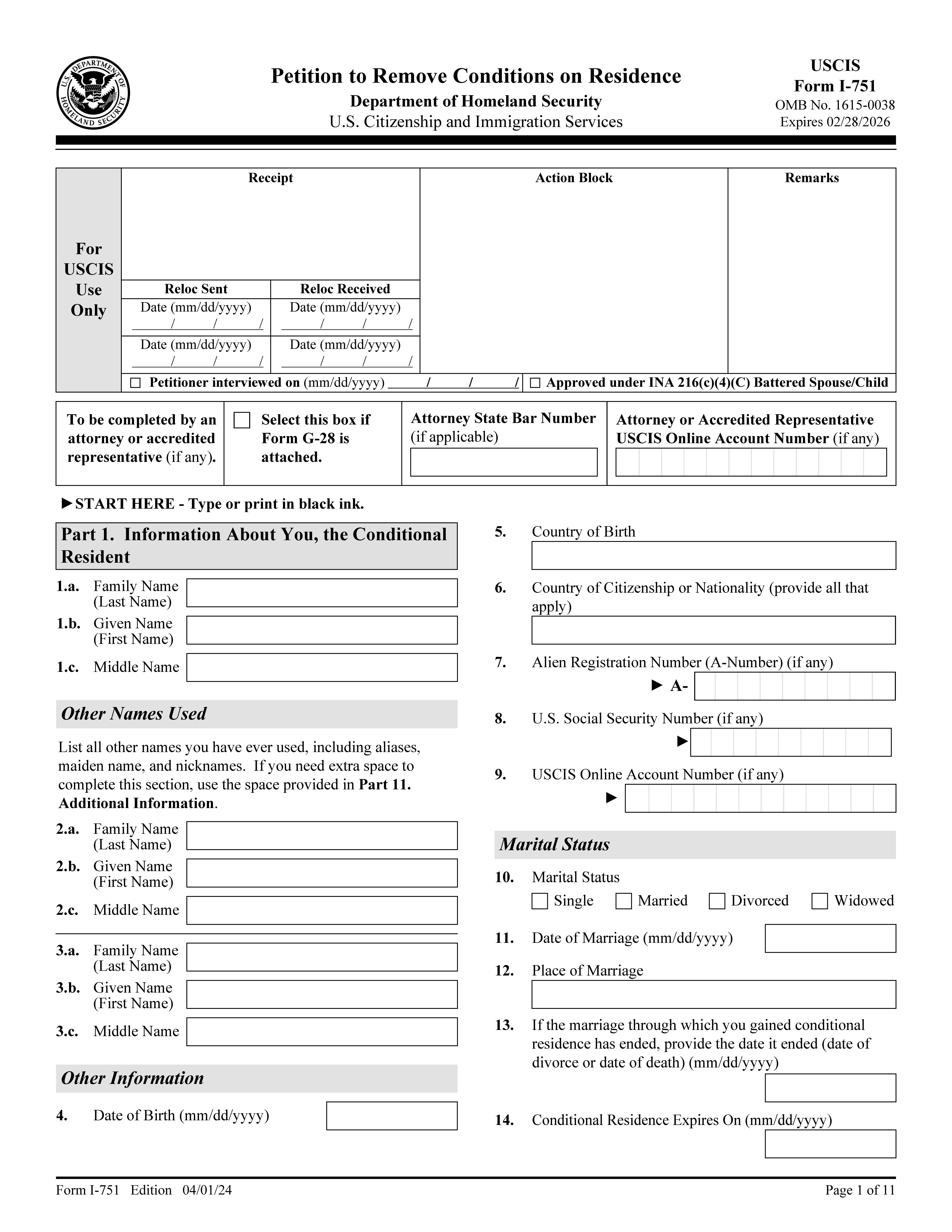 Petition To Remove Conditions On Residence {I-751} | Pdf Fpdf Doc Docx | Official Federal Forms