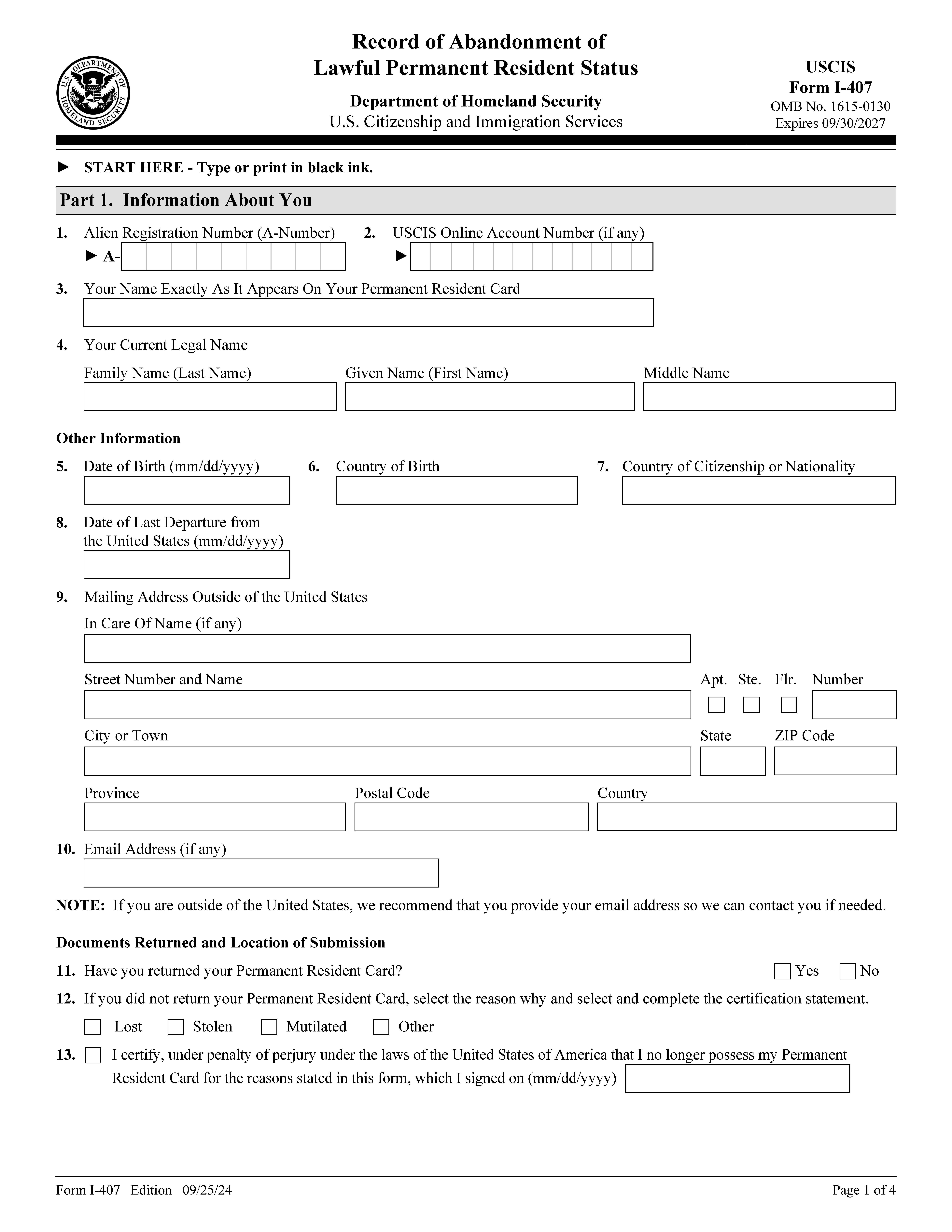 Record Of Abandonment Of Lawful Permanent Resident Status {I-407} | Pdf Fpdf Docx | Official Federal Forms