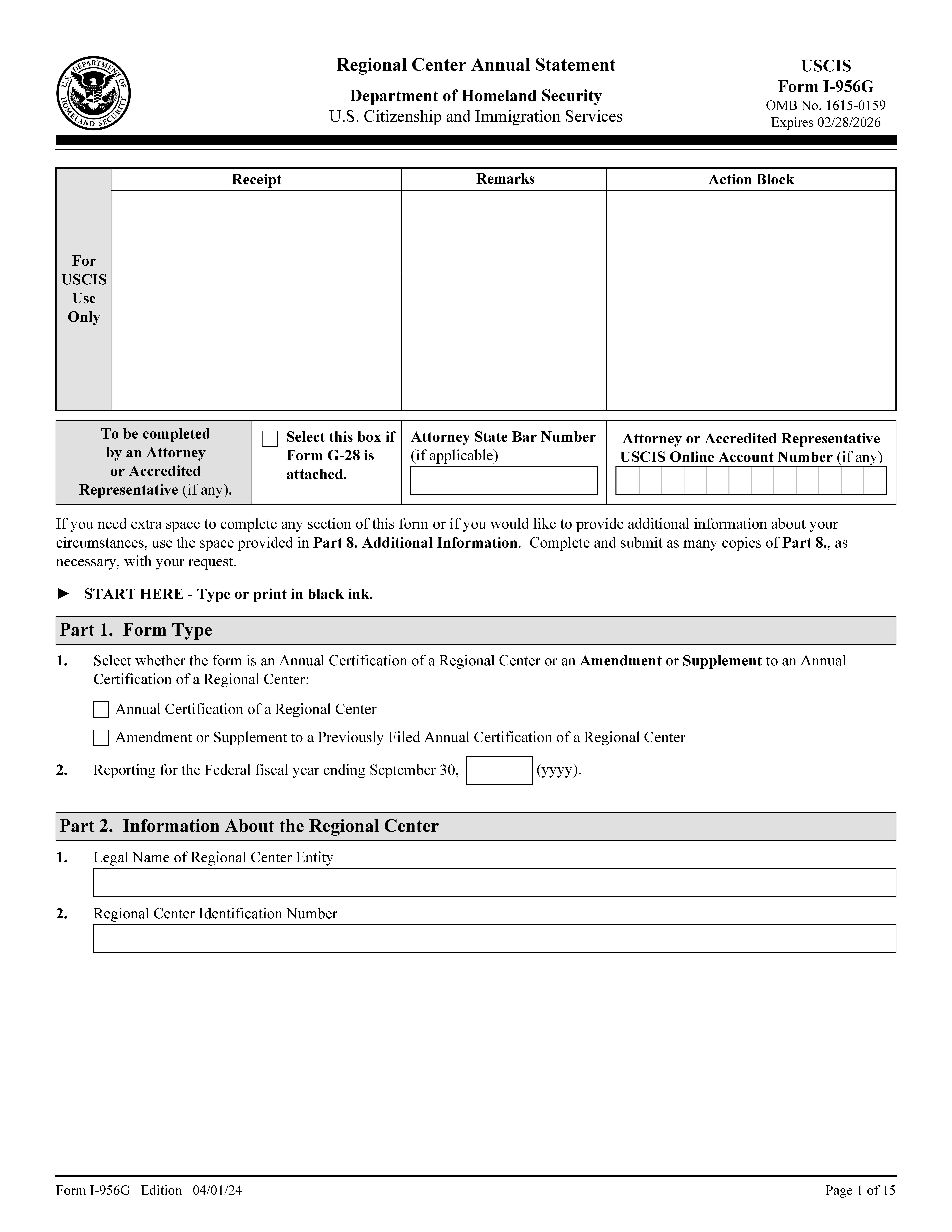 Regional Center Annual Statement {I-956G} | Pdf Fpdf Docx | Official Federal Forms