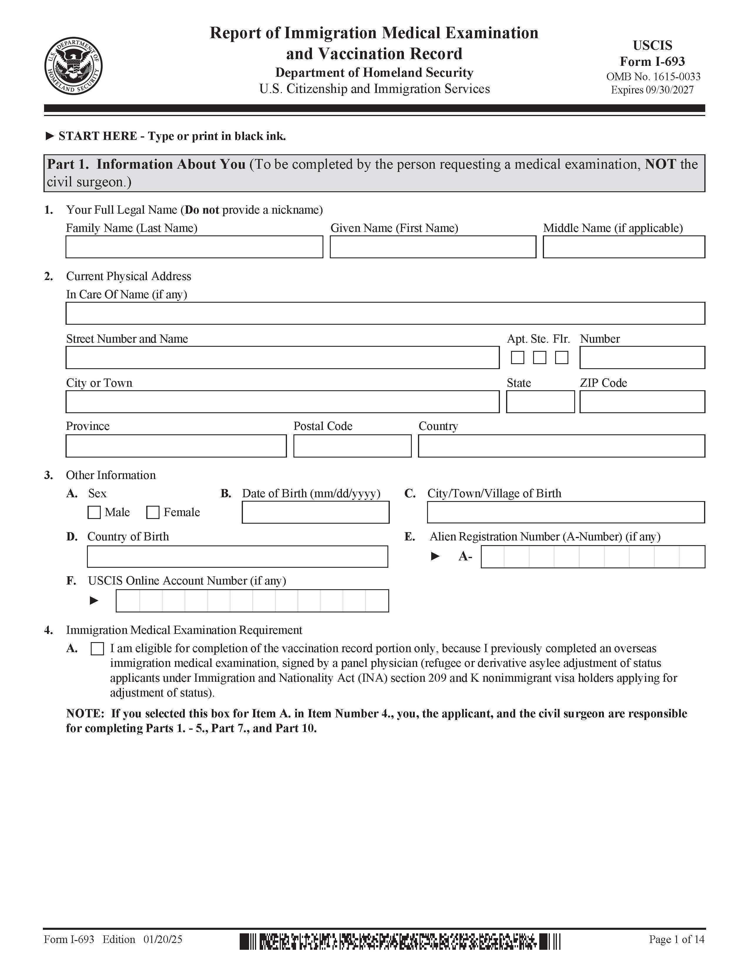 Report Of Medical Examination And Vaccination Record (Form I-693)  {I-693} | Pdf Fpdf Docx | Official Federal Forms