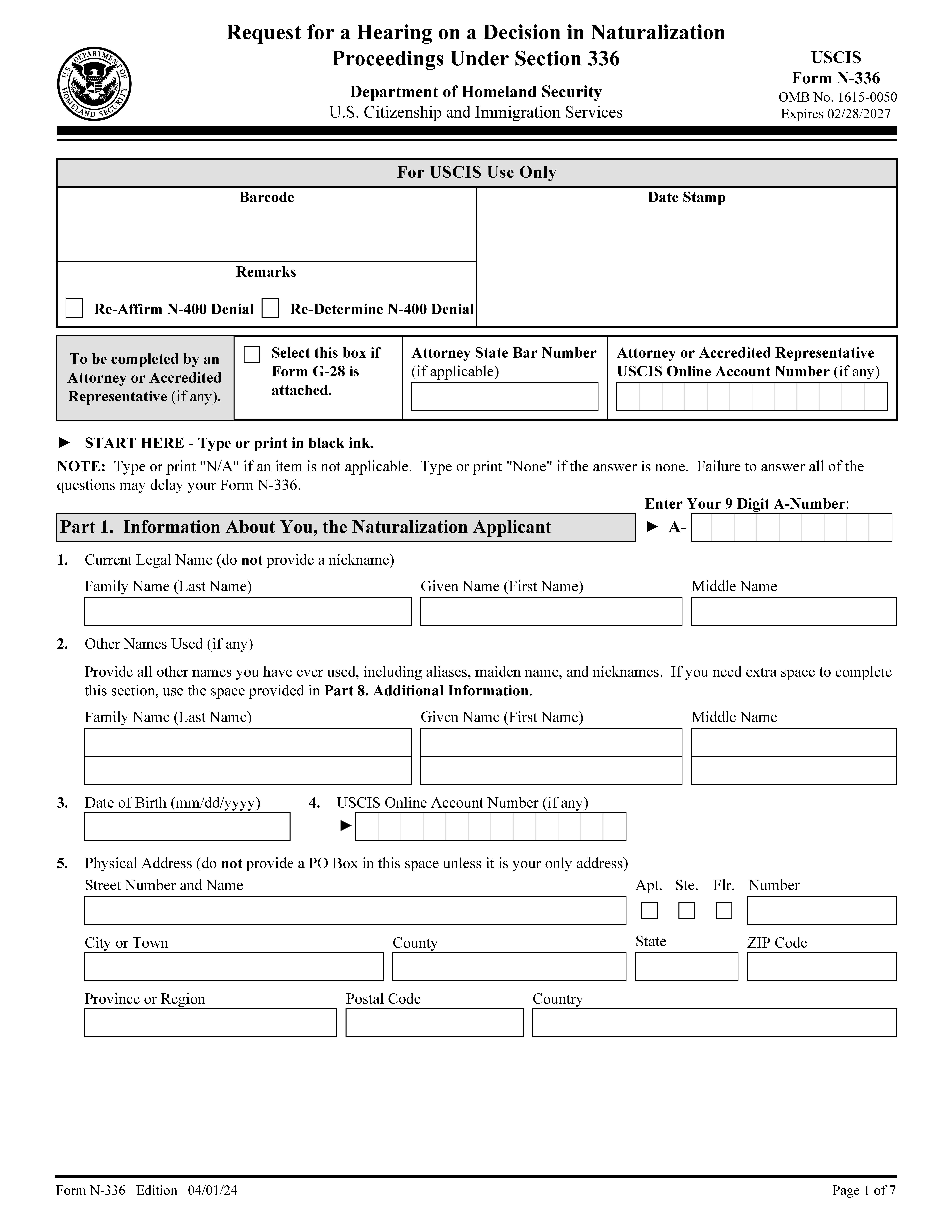 Request For A Hearing On A Decision In Naturalization Proceedings {N-336} | Pdf Fpdf Doc Docx | Official Federal Forms
