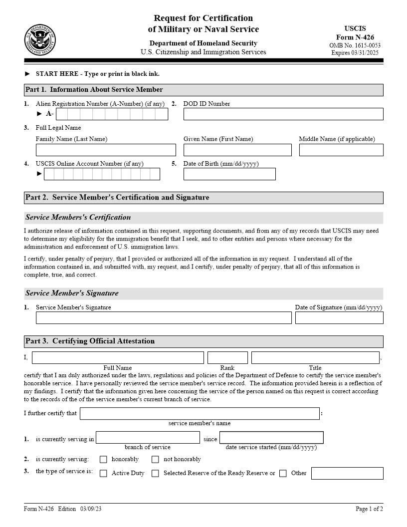 Request For Certification Of Military Or Naval Service {N-426} | Pdf Fpdf Doc Docx | Official Federal Forms