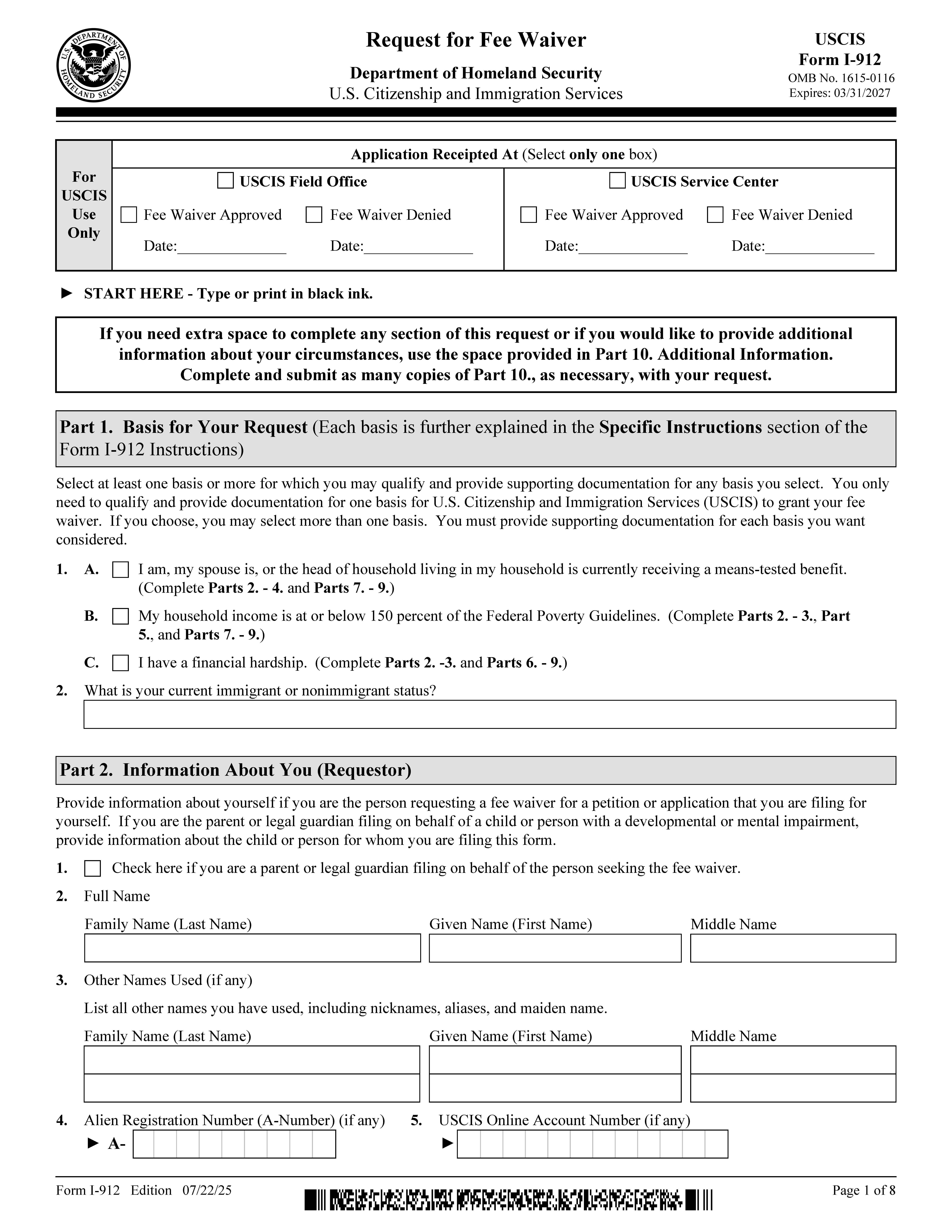 Request For Fee Waiver {I-912} | Pdf Fpdf Doc Docx | Official Federal Forms