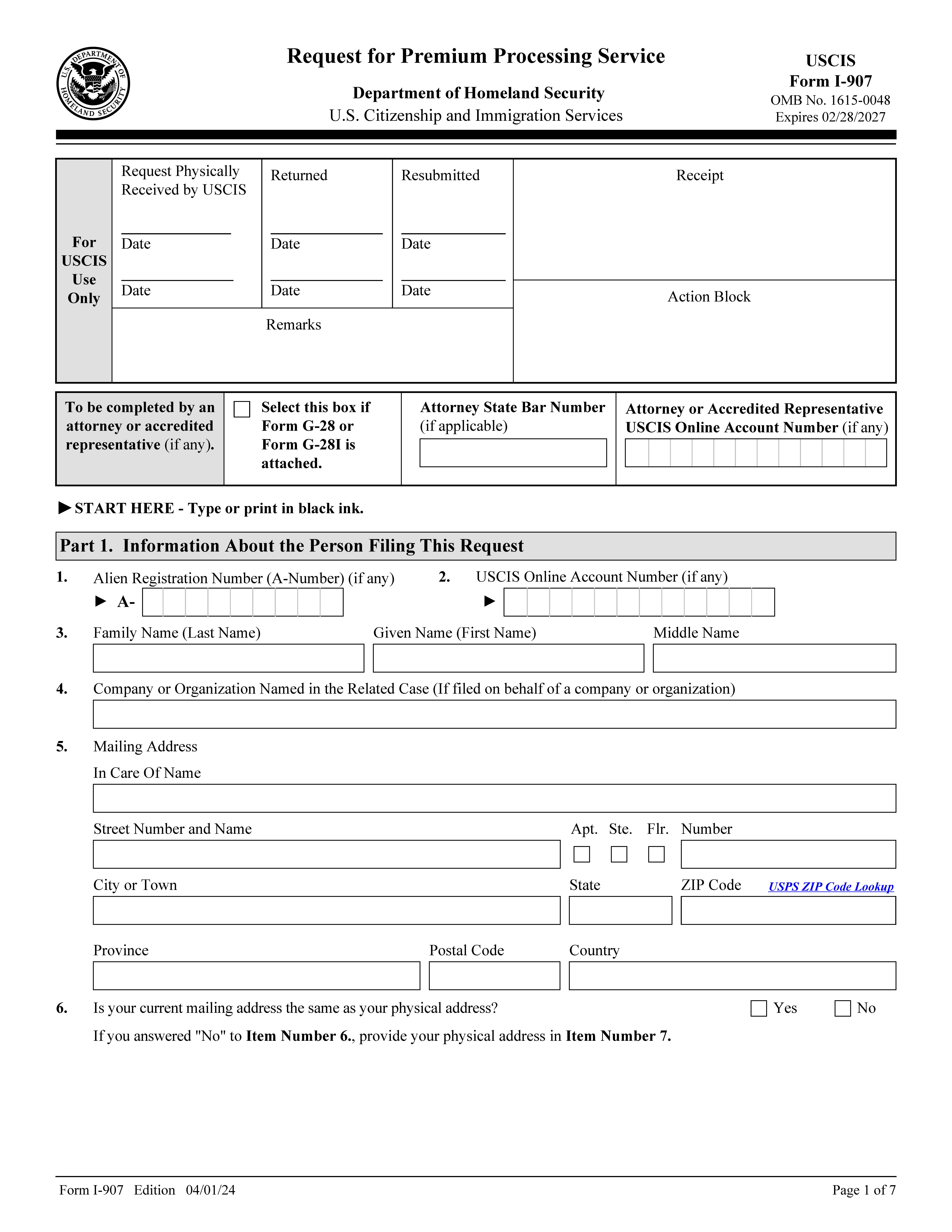 Request For Premium Processing Service {I-907} | Pdf Fpdf Docx | Official Federal Forms