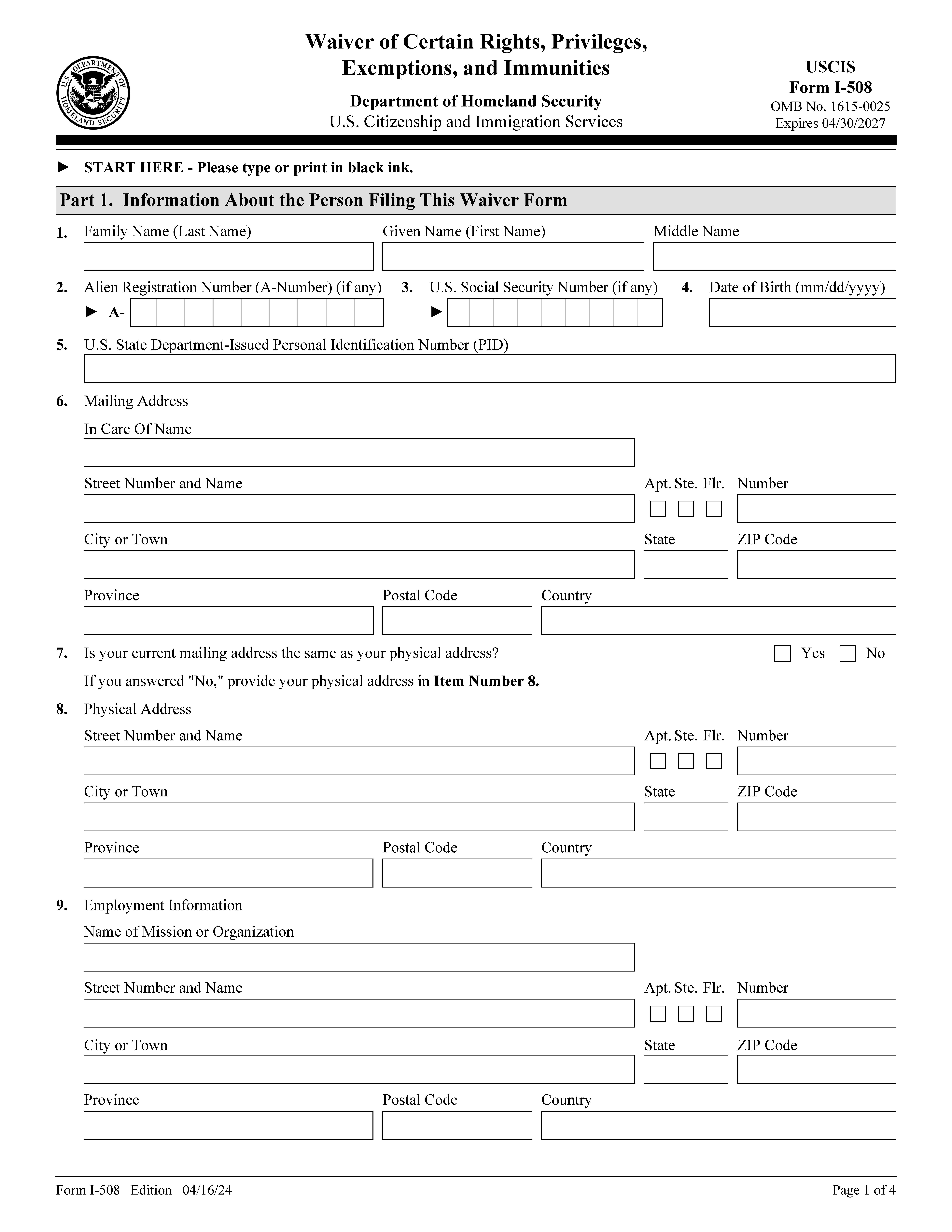 Request For Waiver Of Rights Privileges Exemptions And Immunities {I-508} | Pdf Fpdf Doc Docx | Official Federal Forms