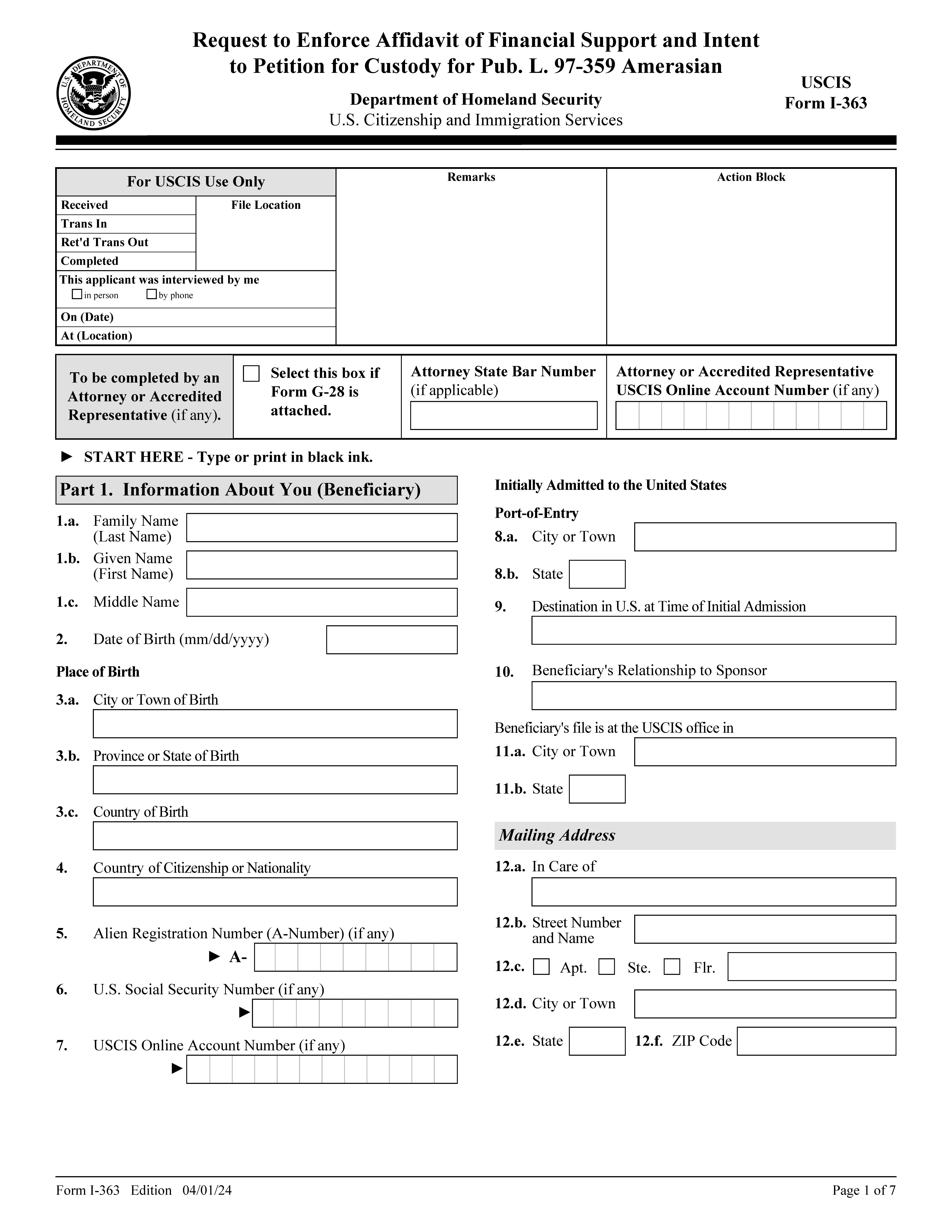 Request To Enforce Affidavit Of Financial Support And Intent To Petition {I-363} | Pdf Fpdf Doc Docx | Official Federal Forms
