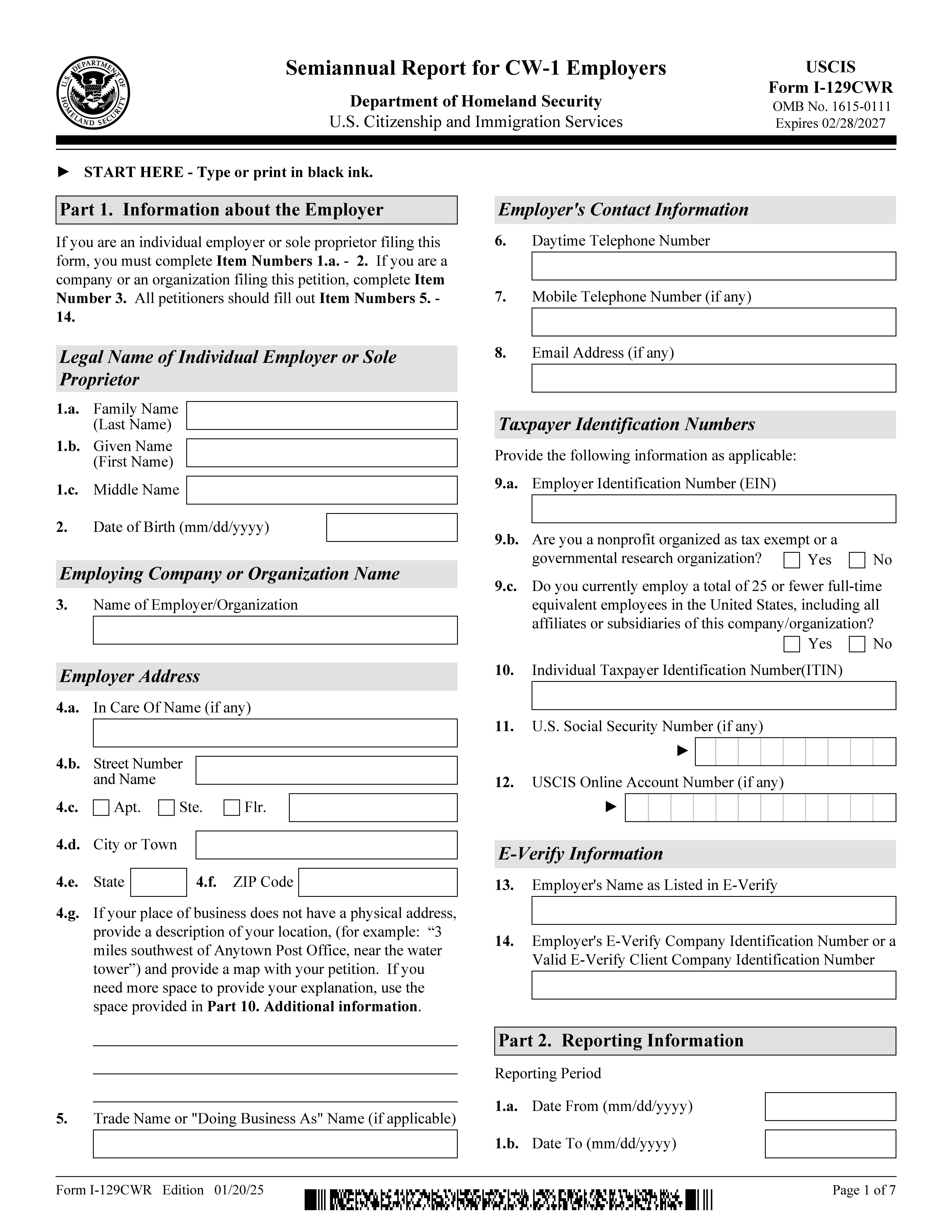 Semiannual Report For CW-1 Employers {I-129CWR} | Pdf Fpdf Docx | Official Federal Forms
