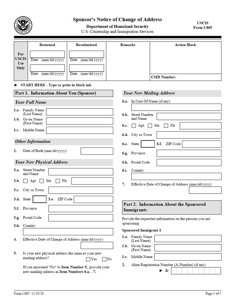 Sponsors Notice Of Change Of Address {I-865} | Pdf Fpdf Doc Docx | Official Federal Forms