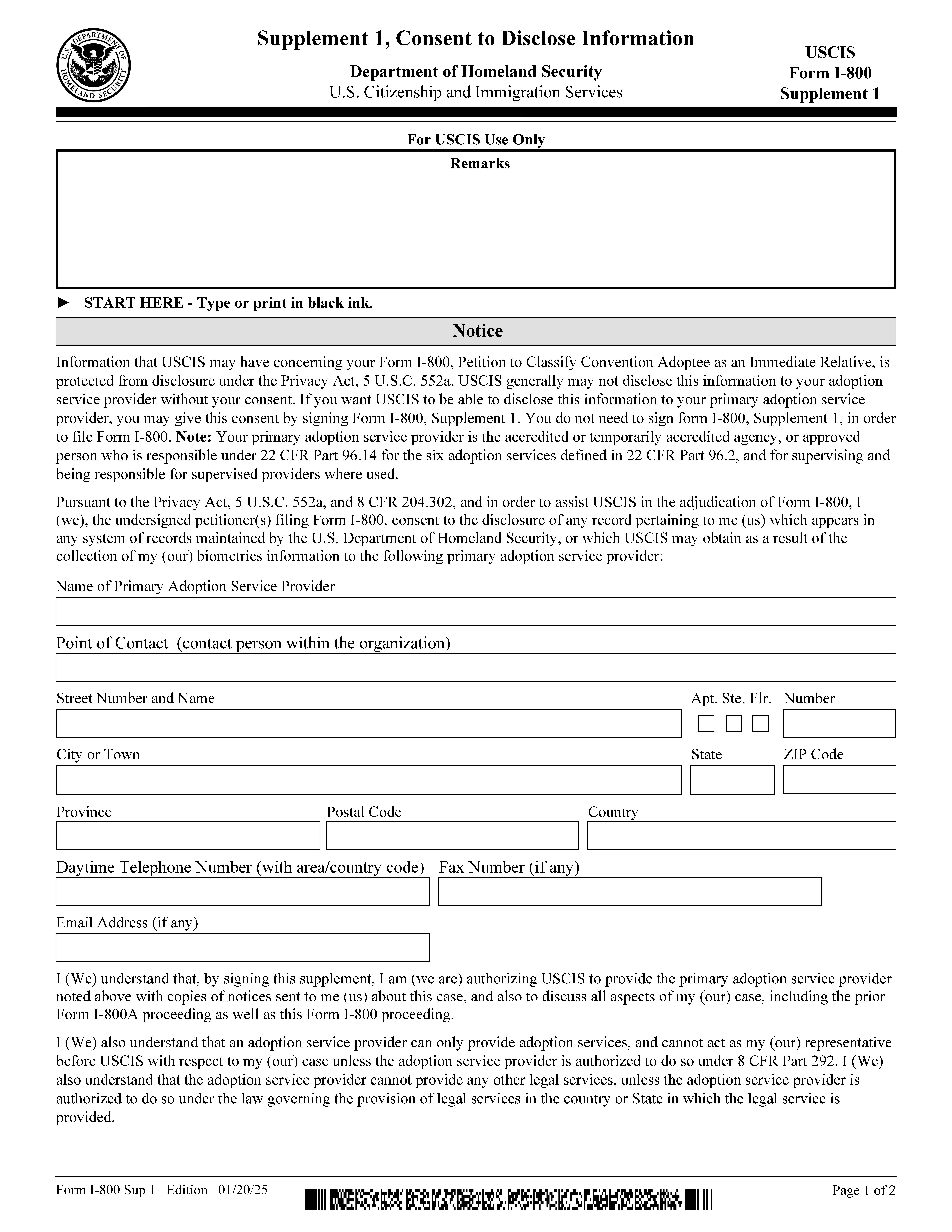 Supplement 1 (Consent To Disclose Information) {I-800} | Pdf Fpdf Docx | Official Federal Forms