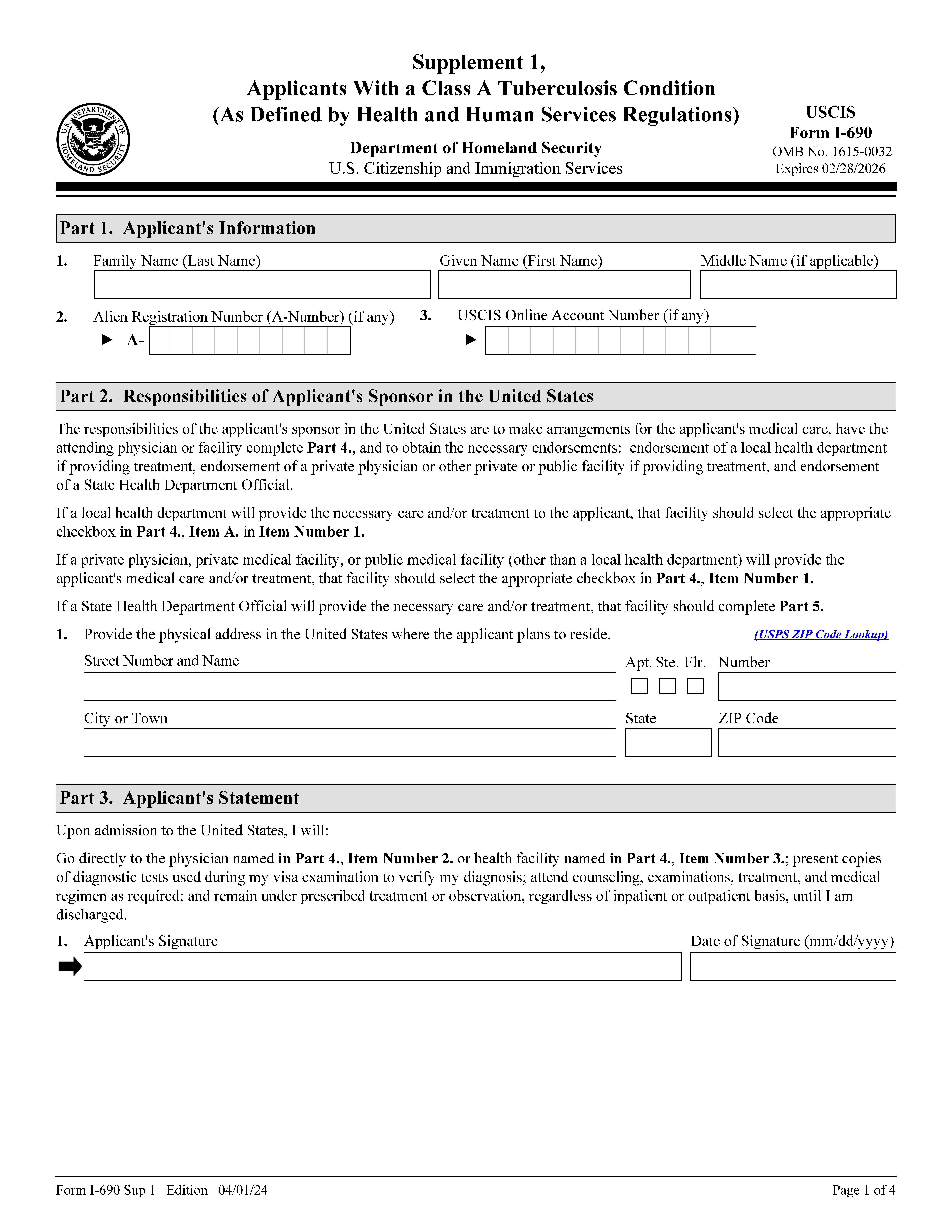 Supplement 1 Applicants With A Class A Tuberculosis Condition {I-690} | Pdf Fpdf Doc Docx | Official Federal Forms