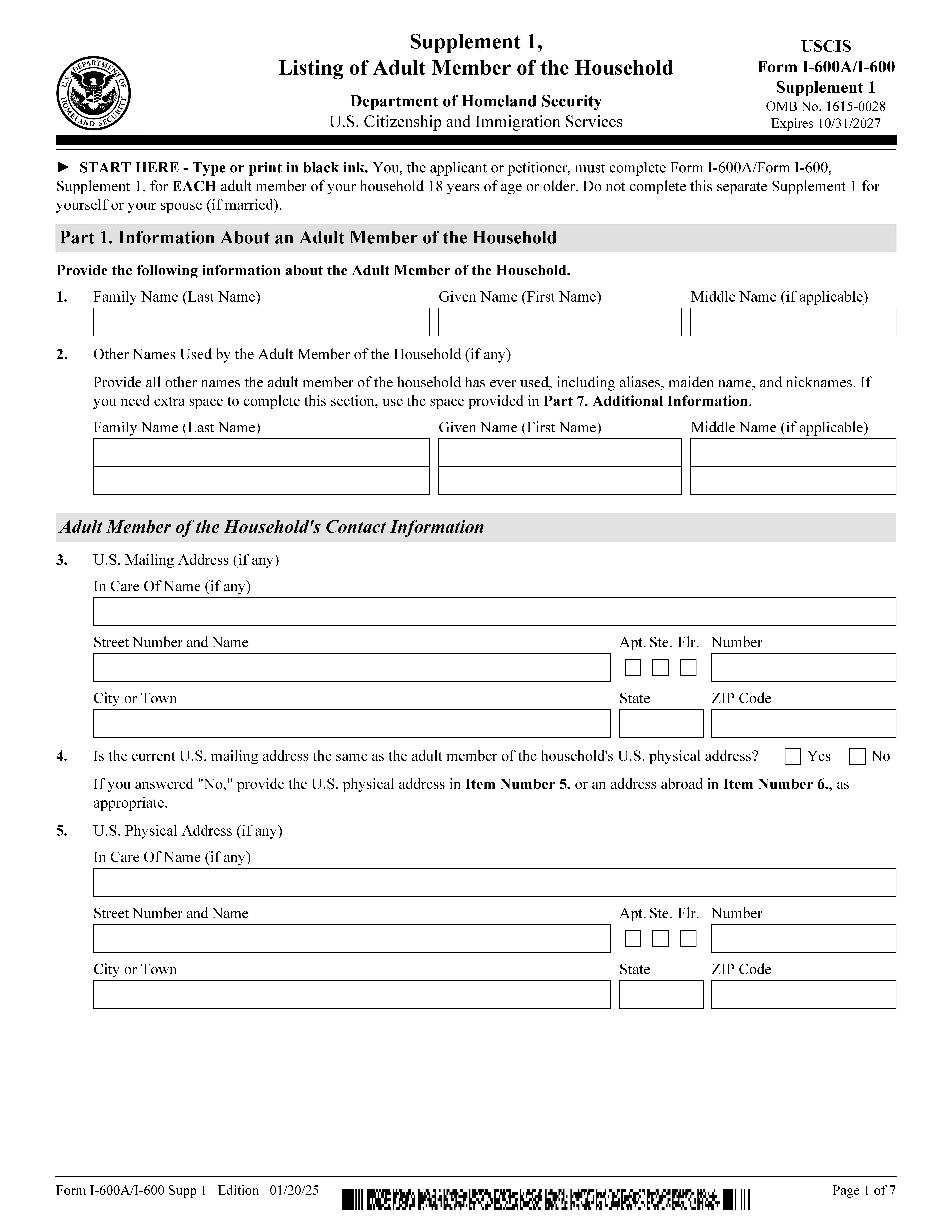 Supplement 1 Listing Of Adult Member Of The Household {I-600 I-600A} | Pdf Fpdf Doc Docx | Official Federal Forms