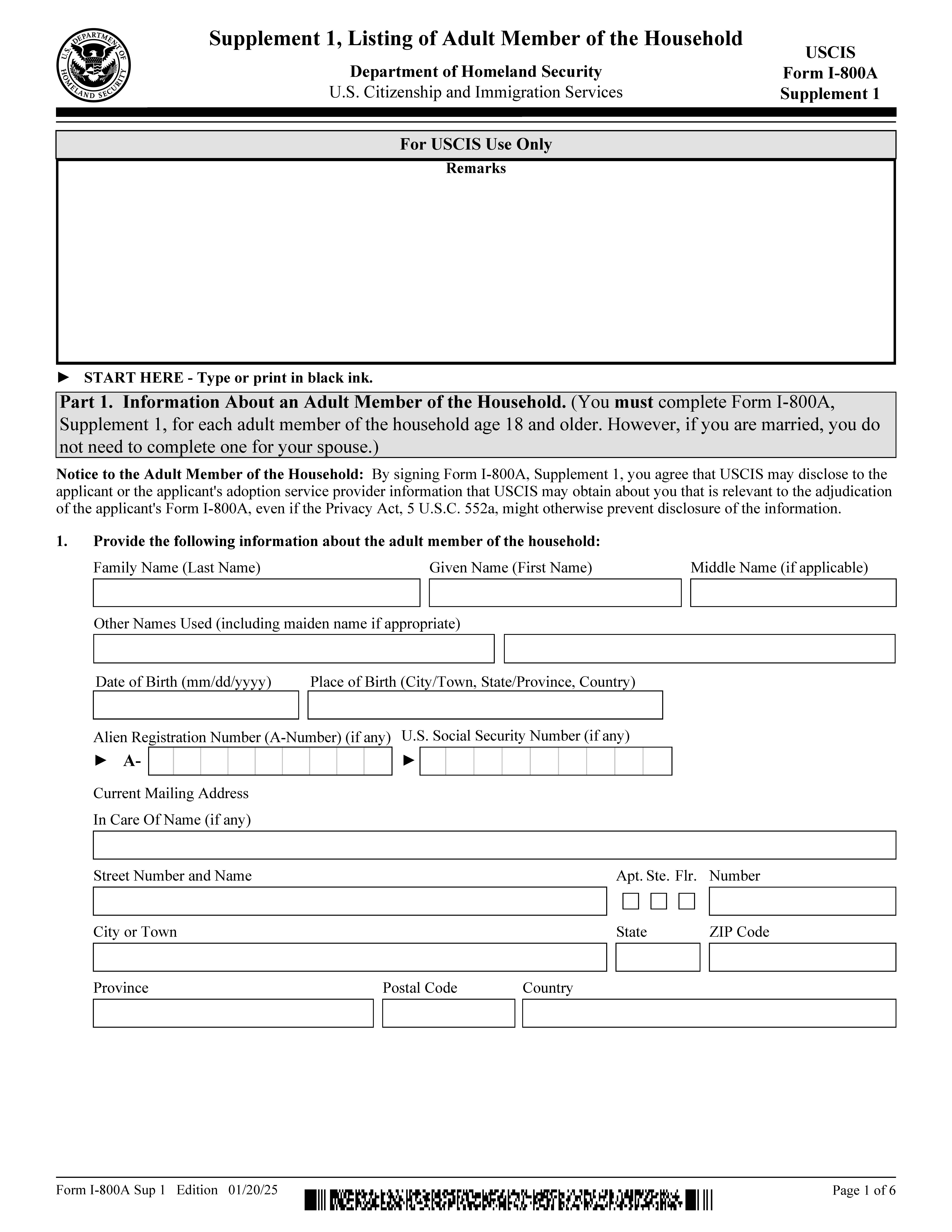 Supplement 1 Listing Of Adult Member Of The Household {I-800A} | Pdf Fpdf Doc Docx | Official Federal Forms