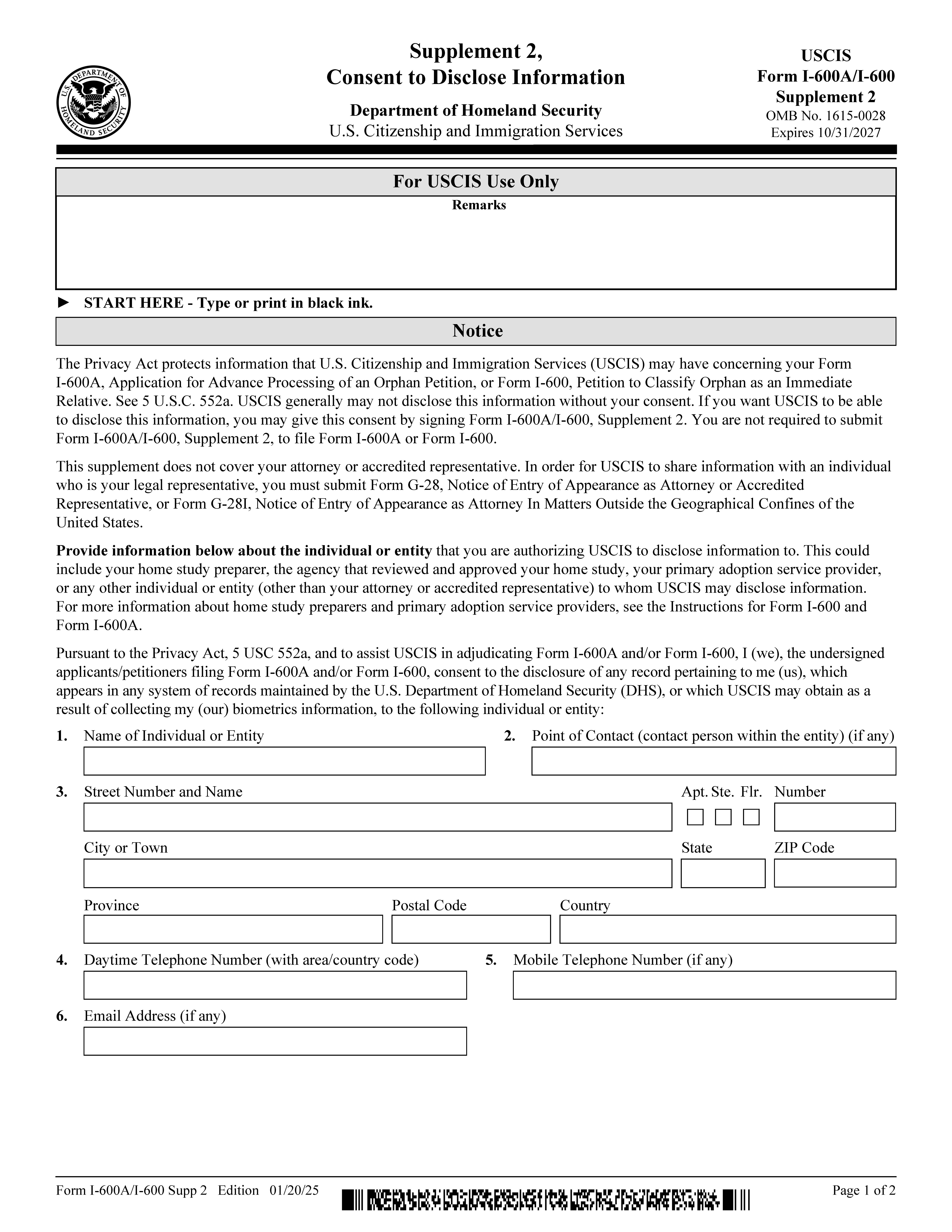Supplement 2 Consent To Disclose Information {I-600A I-600} | Pdf Fpdf Docx | Official Federal Forms