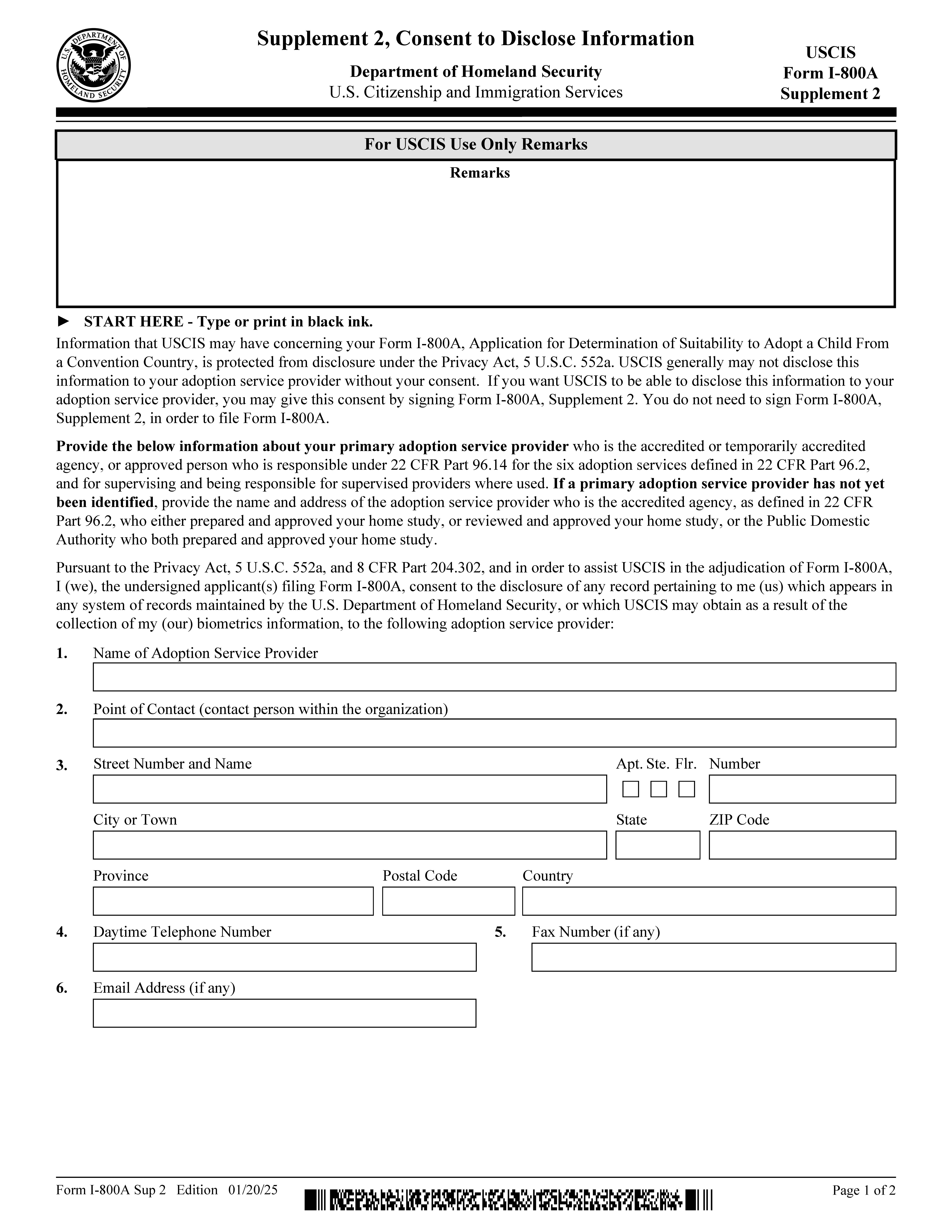 Supplement 2 Consent To Disclose Information {I-800A} | Pdf Fpdf Doc Docx | Official Federal Forms