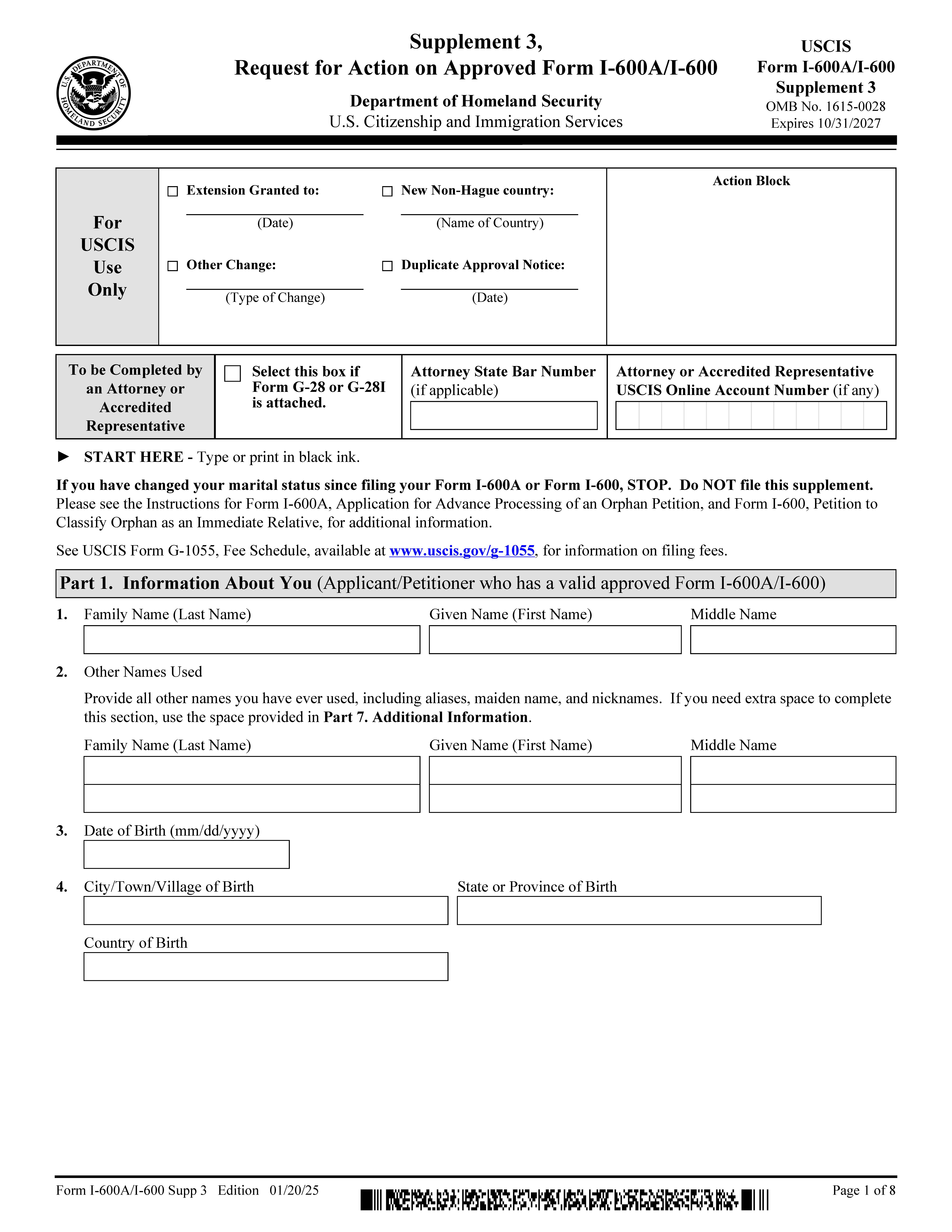 Supplement 3 Request For Action On Approved Form I-600A I-600 {I-600A I-600} | Pdf Fpdf Docx | Official Federal Forms