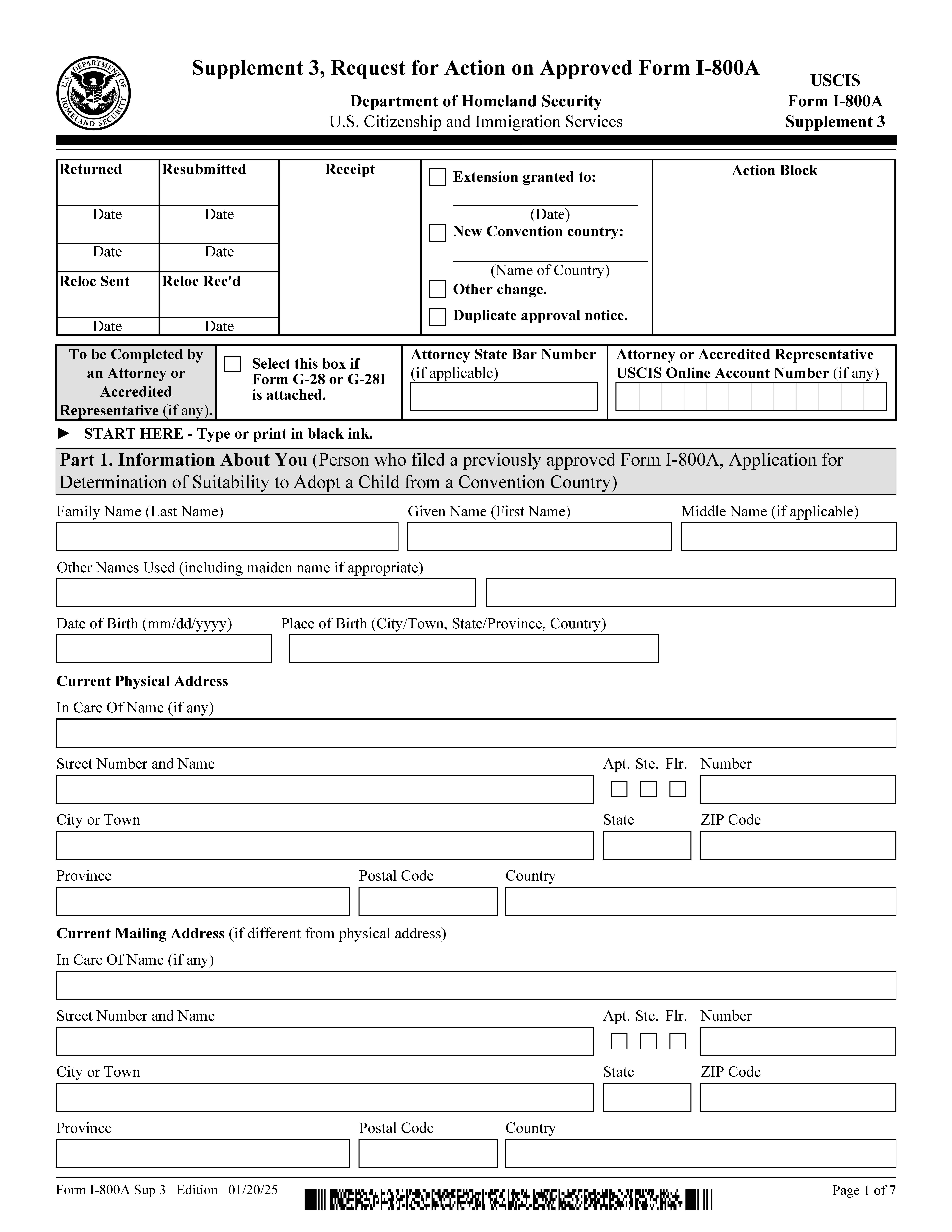 Supplement 3 Request For Action On Approved Form I-800A {I-800A} | Pdf Fpdf Doc Docx | Official Federal Forms