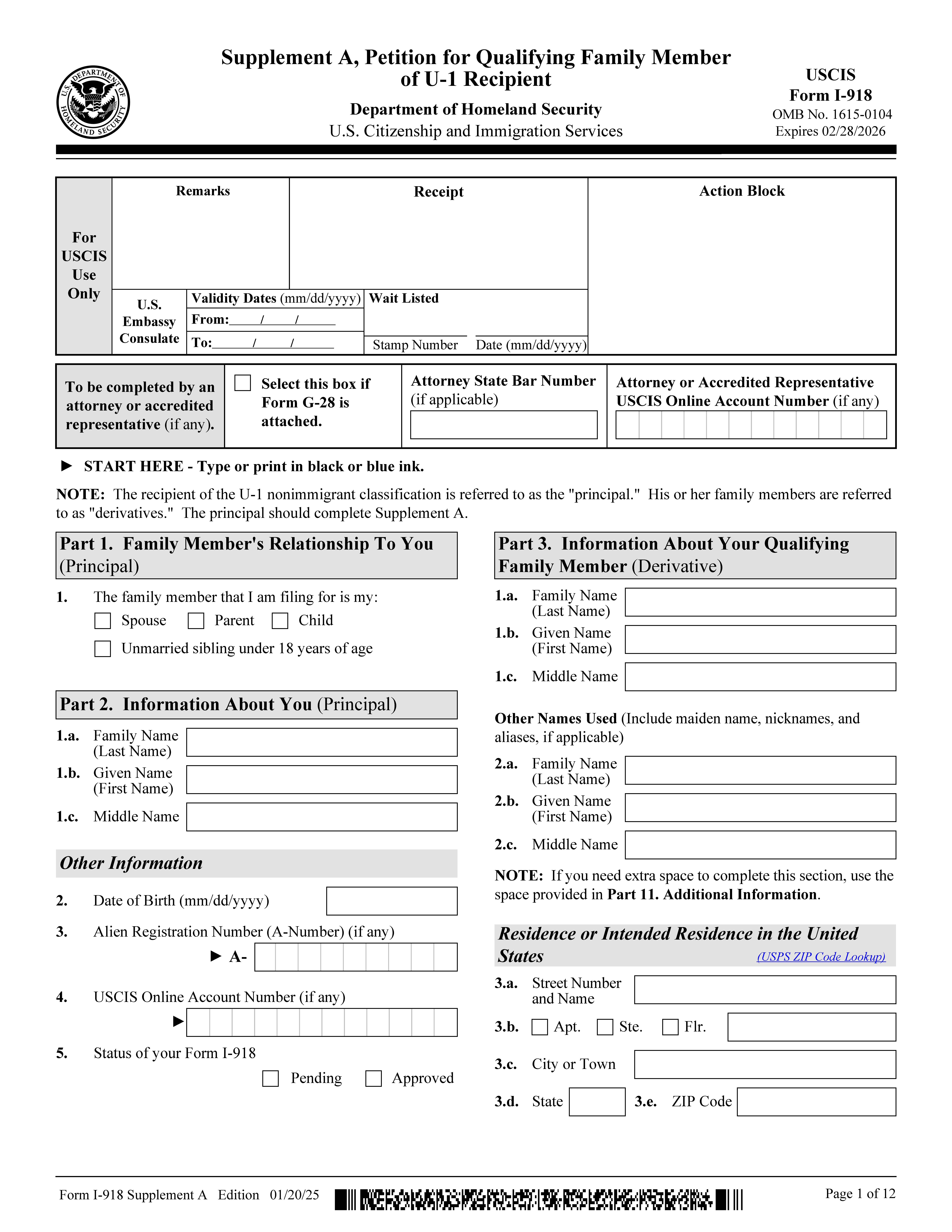 Supplement A Petition For Qualifying Family Member Of U-1 Recipient {I-918} | Pdf Fpdf Docx | Official Federal Forms
