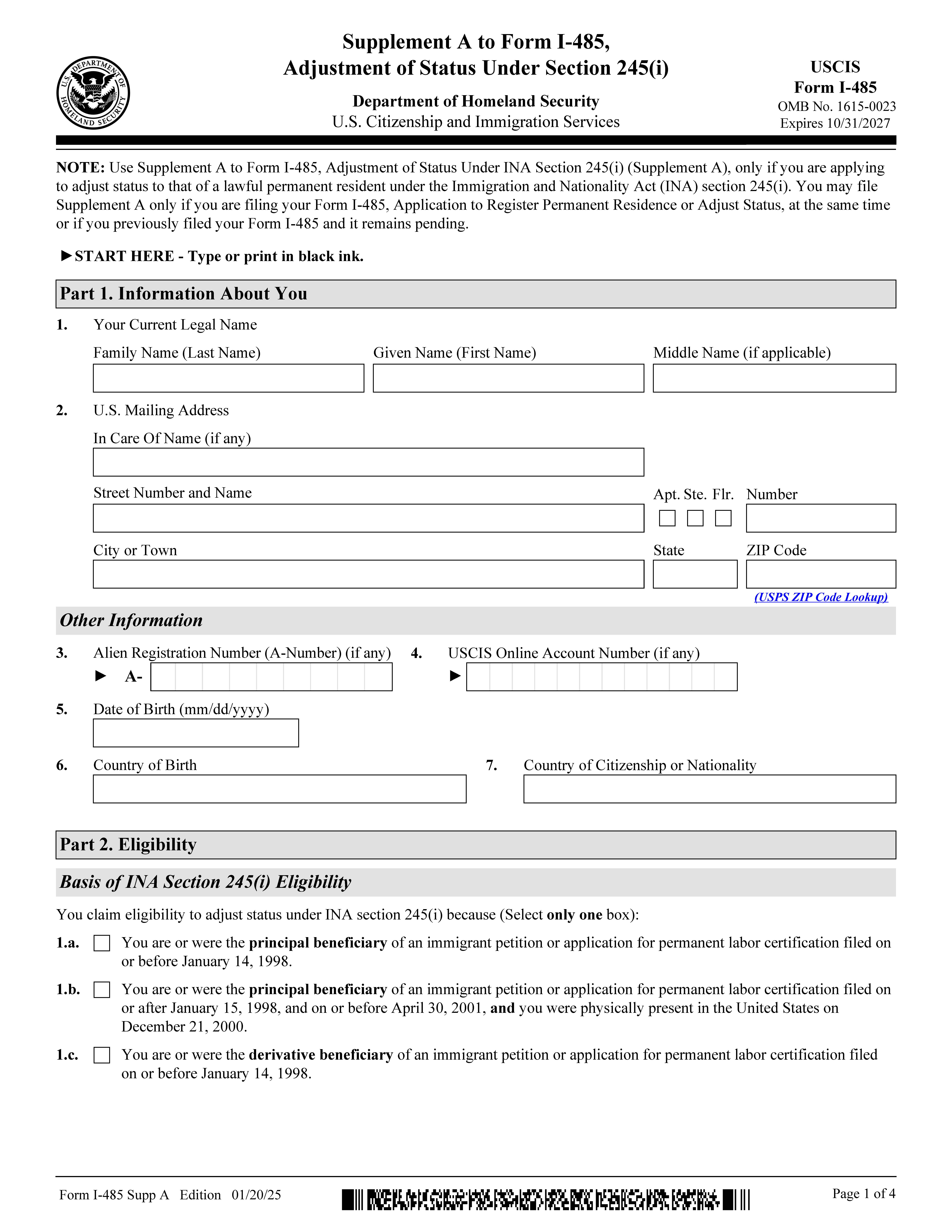 Supplement A To Form I-485 {I-485} | Pdf Fpdf Doc Docx | Official Federal Forms
