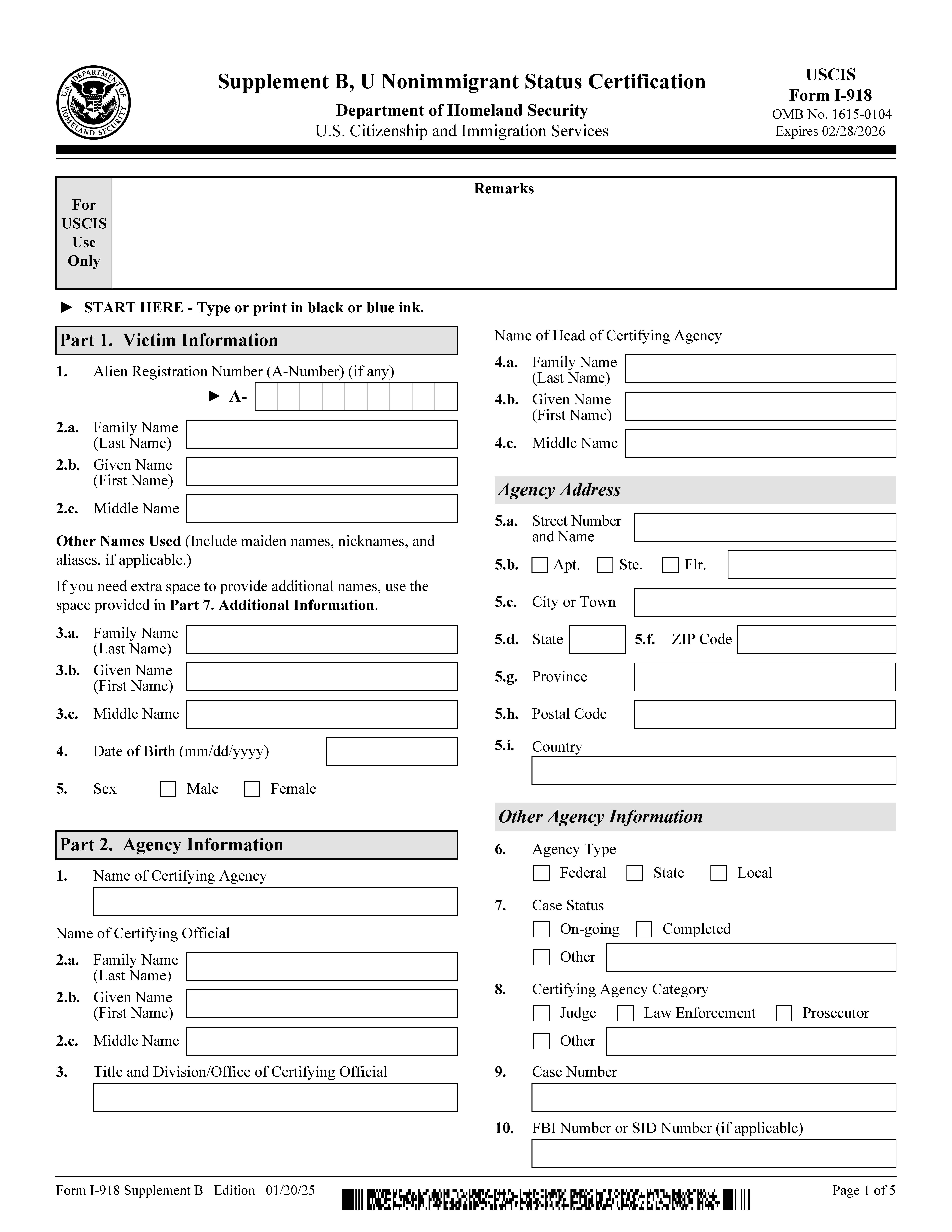 Supplement B U Nonimmigrant Status Certification {I-918} | Pdf Fpdf Docx | Official Federal Forms