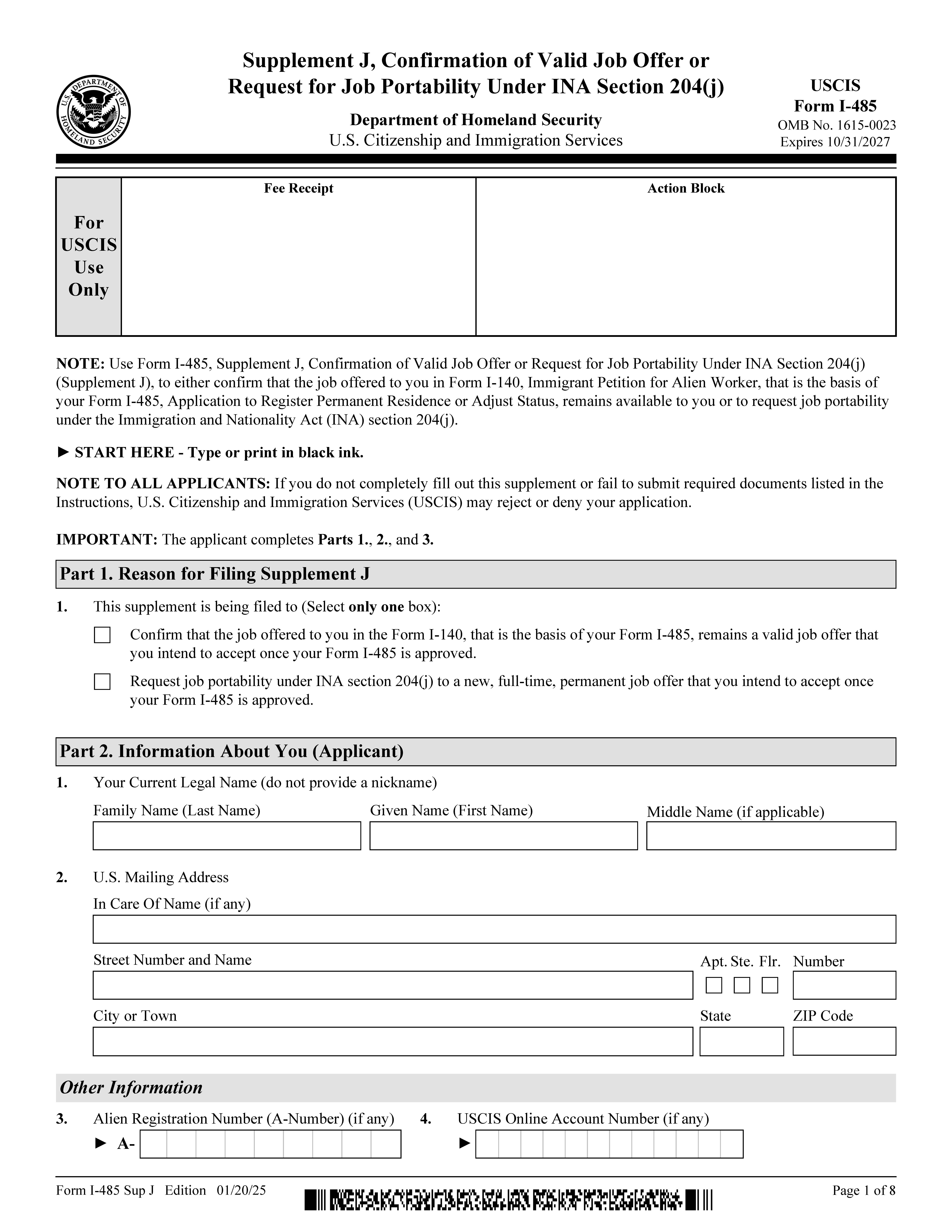 Supplement J Confirmation Of Bona Fide Offer Or Request For Job {I-485} | Pdf Fpdf Docx | Official Federal Forms