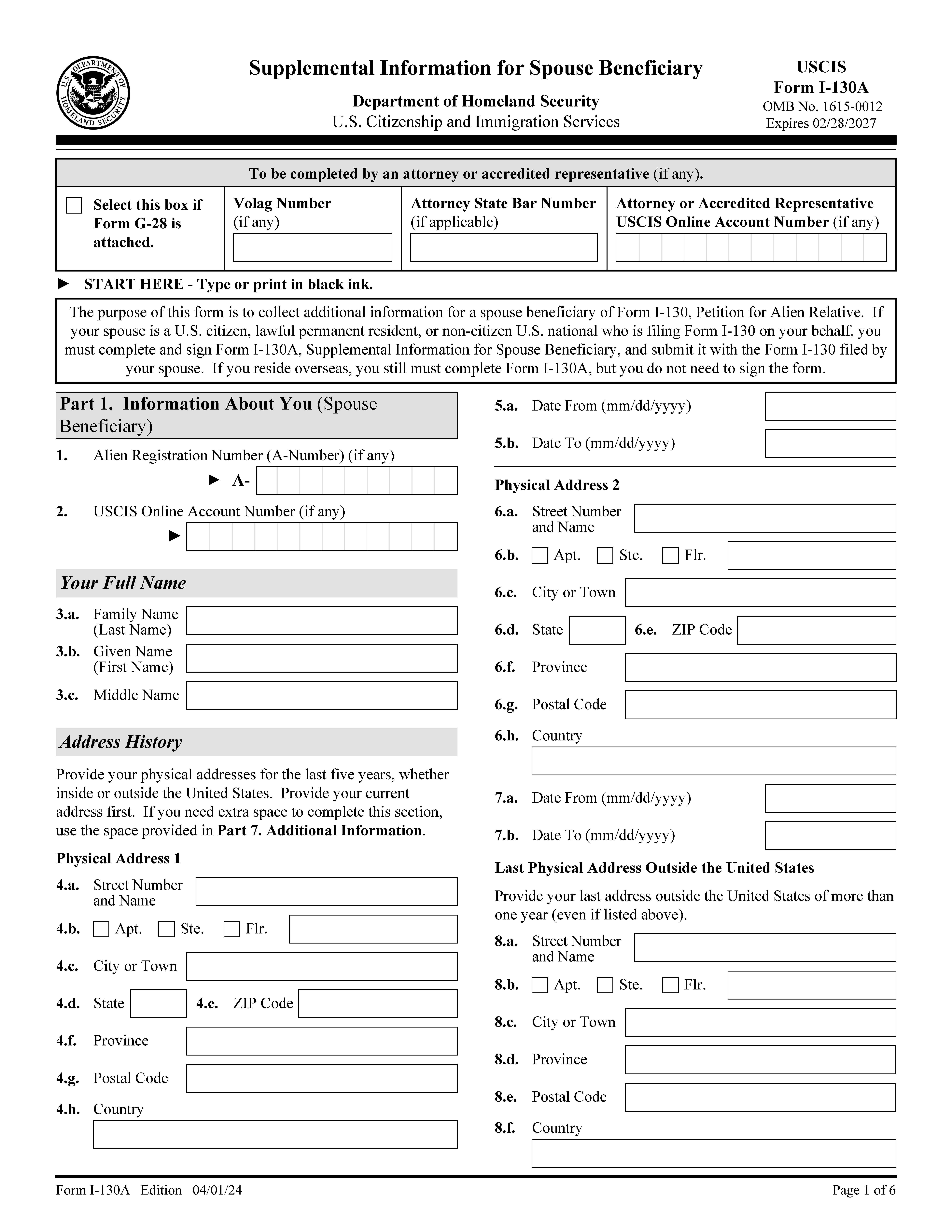 Supplemental Information For Spouse Beneficiary {I-130A} | Pdf Fpdf Docx | Official Federal Forms
