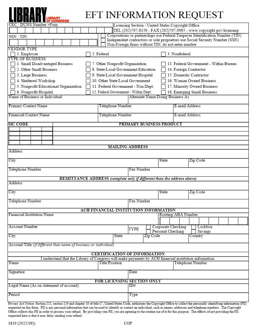 EFT Information Request {EFT} | Pdf Fpdf Doc Docx | Official Federal Forms