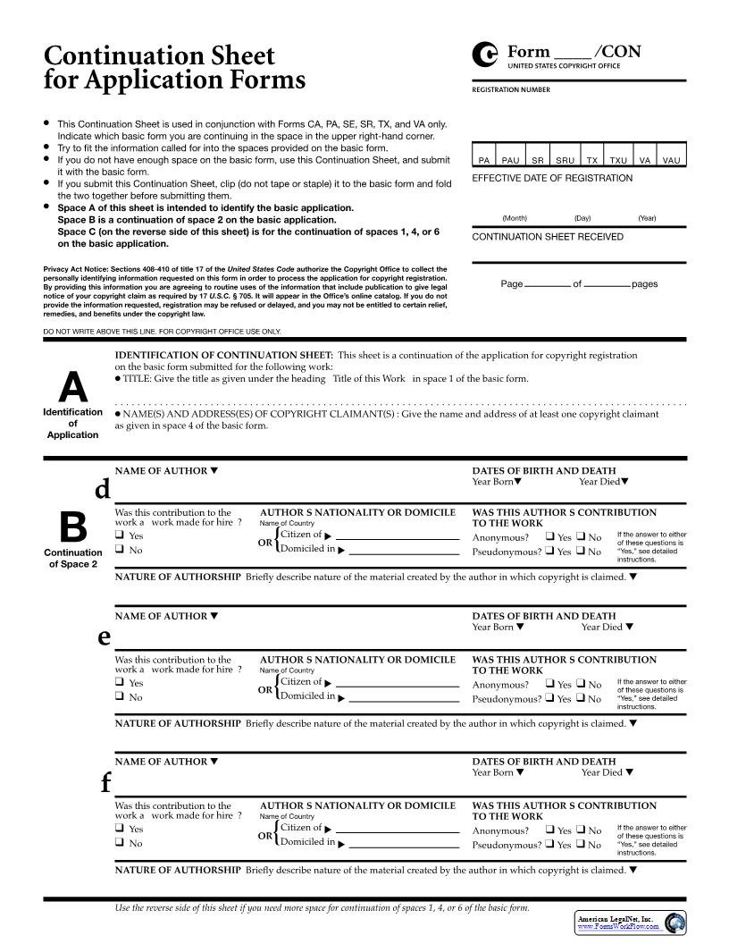 Form CON Continuation Sheet For Application Forms {CON} | Pdf Fpdf Docx | Official Federal Forms