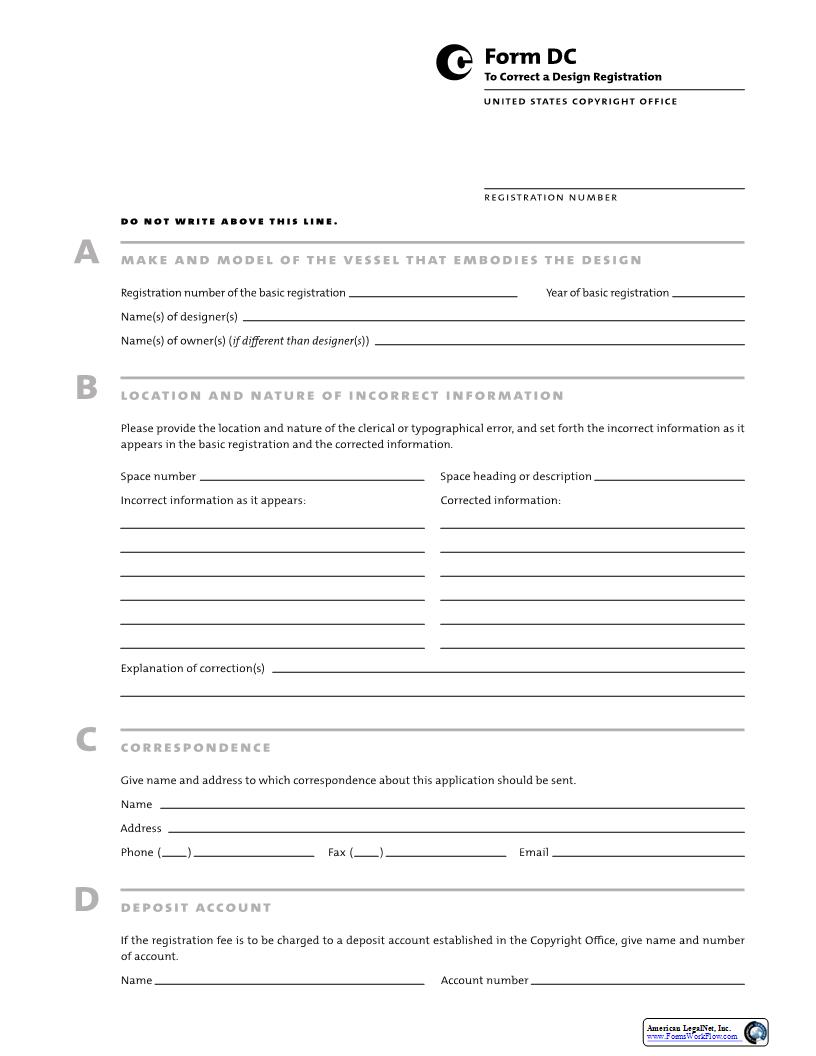 Form DC To Correct A Design Registration {DC} | Pdf Fpdf Docx | Official Federal Forms