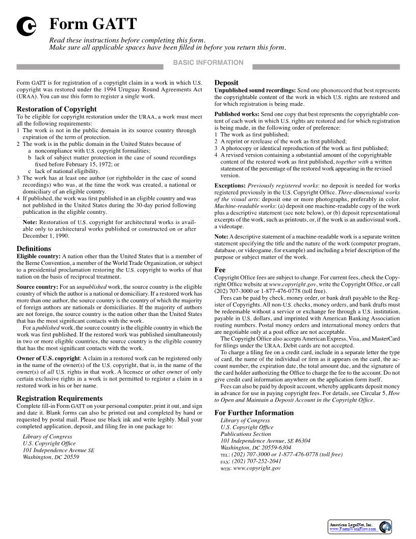 Form GATT For A Restored Work {GATT} | Pdf Fpdf Docx | Official Federal Forms