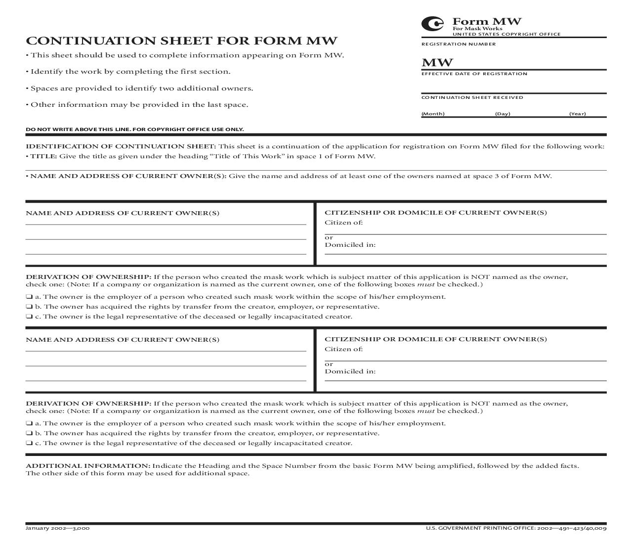 Form MW For Masks Works Continuation Sheet For Form MW {MW} | Pdf Fpdf Doc Docx | Official Federal Forms
