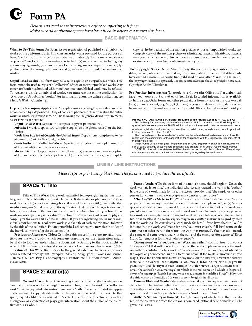 Form PA For Work Of Performing Arts {PA} | Pdf Fpdf Docx | Official Federal Forms