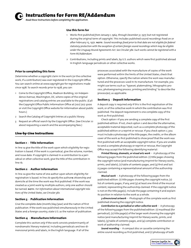 Form RE Addendum For Works Not Registered During Original Term {RE} | Pdf Fpdf Docx | Official Federal Forms