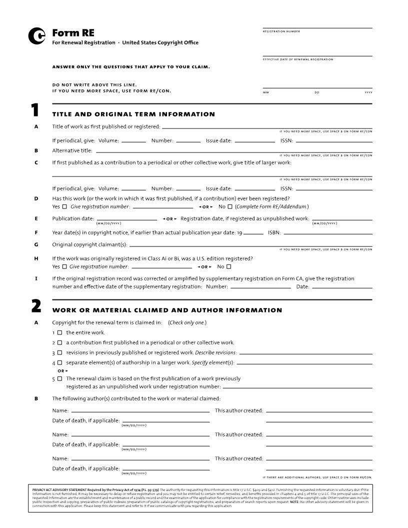 Form RE For Renewal Registration {RE} | Pdf Fpdf Doc Docx | Official Federal Forms