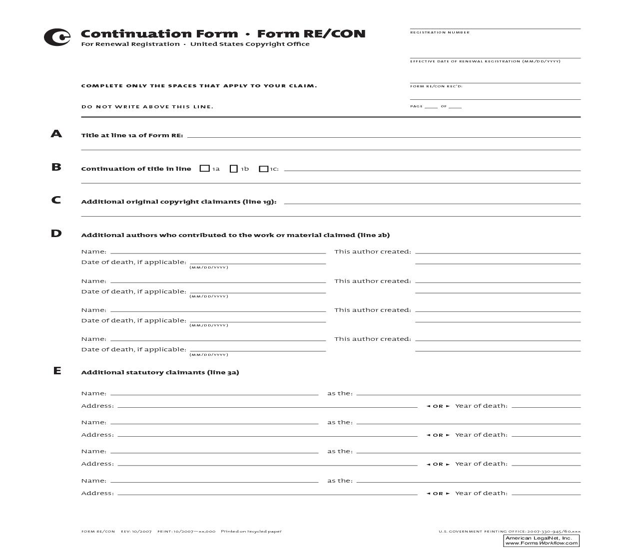 Form RE-CON Continuation Form For Renewal Registration {RE-CON} | Pdf Fpdf Doc Docx | Official Federal Forms