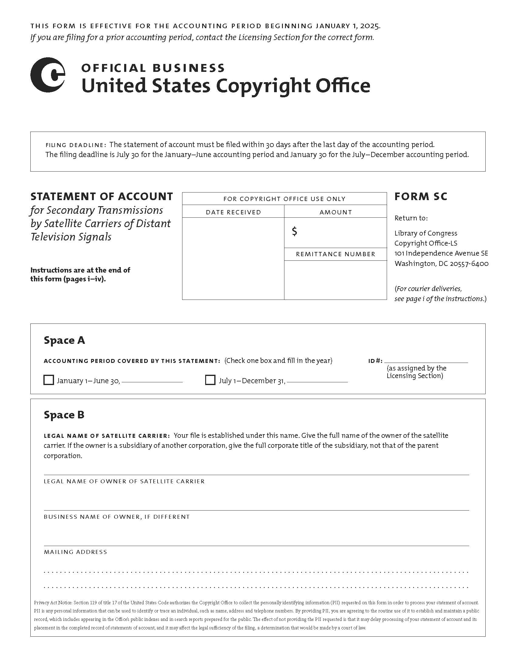 Form SC Statement Of Account For Secondary Transmissions By Satellite {SC} | Pdf Fpdf Docx | Official Federal Forms